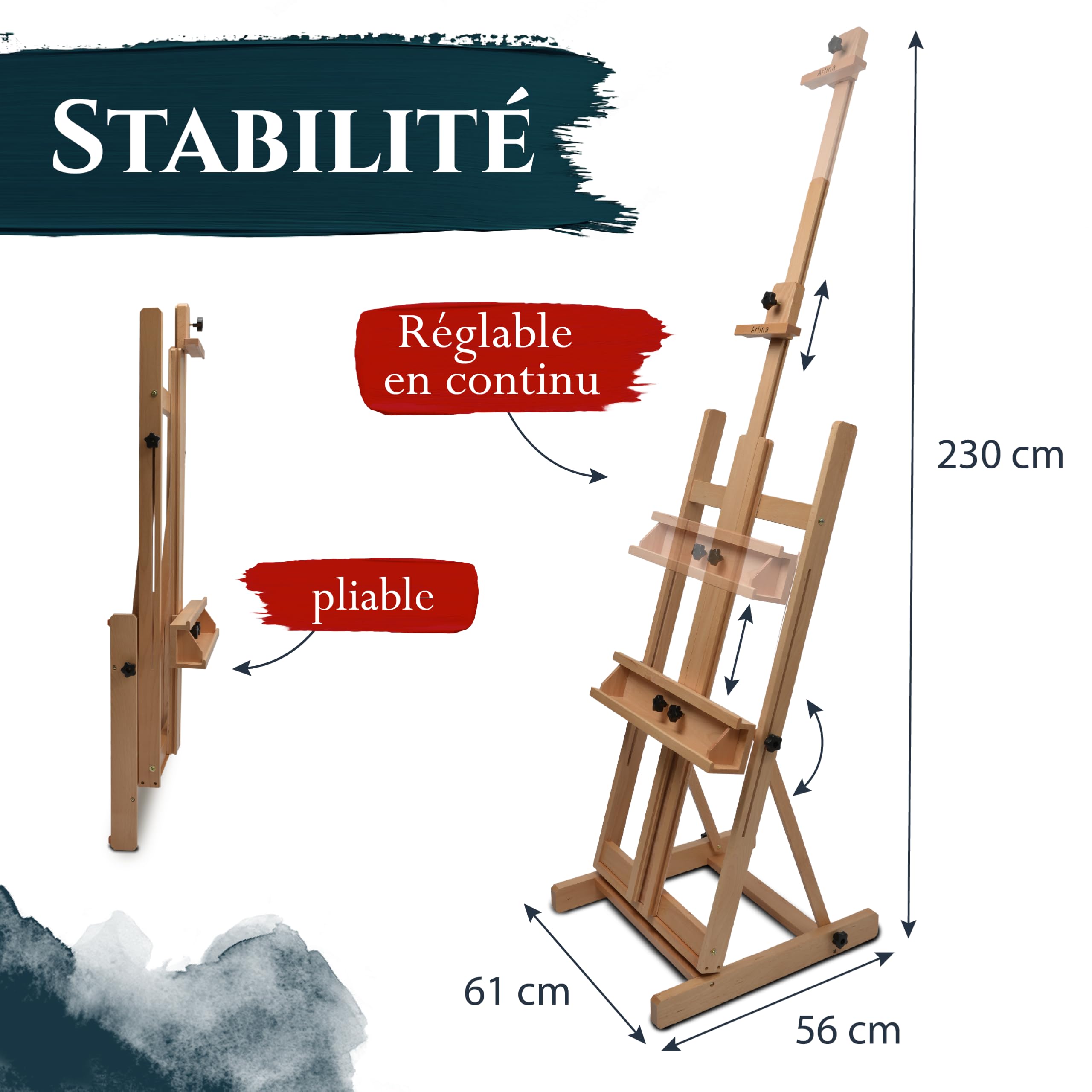 Artina grand chevalet de peinture en bois de hêtre massif pour châssis