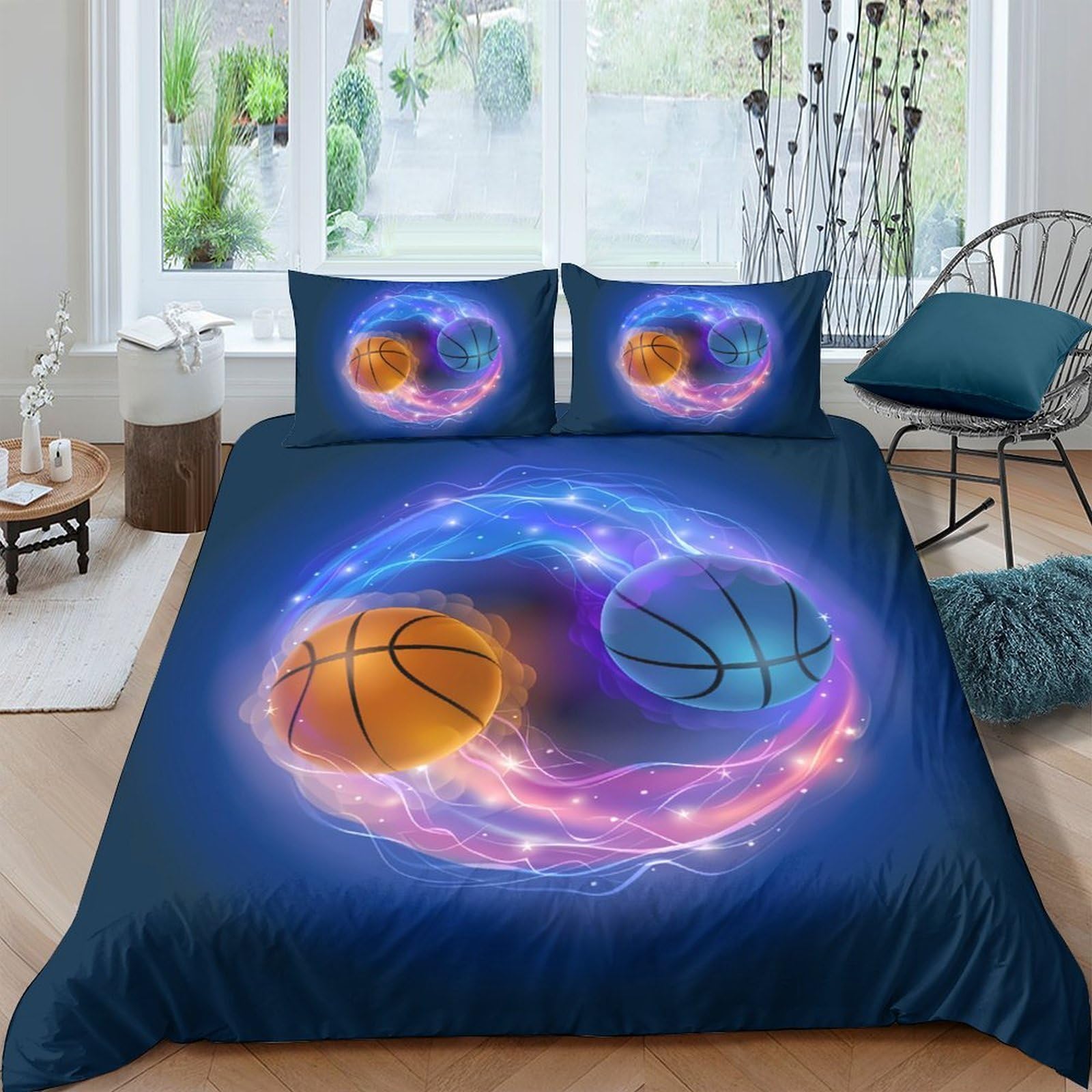 TUFRTGYHN 3D Printed Basketball Fire Blue Duvet Cover Bedding Set Microfiber with 2 Pillowcases for Bedroom Home Decor Single（135x200cm）