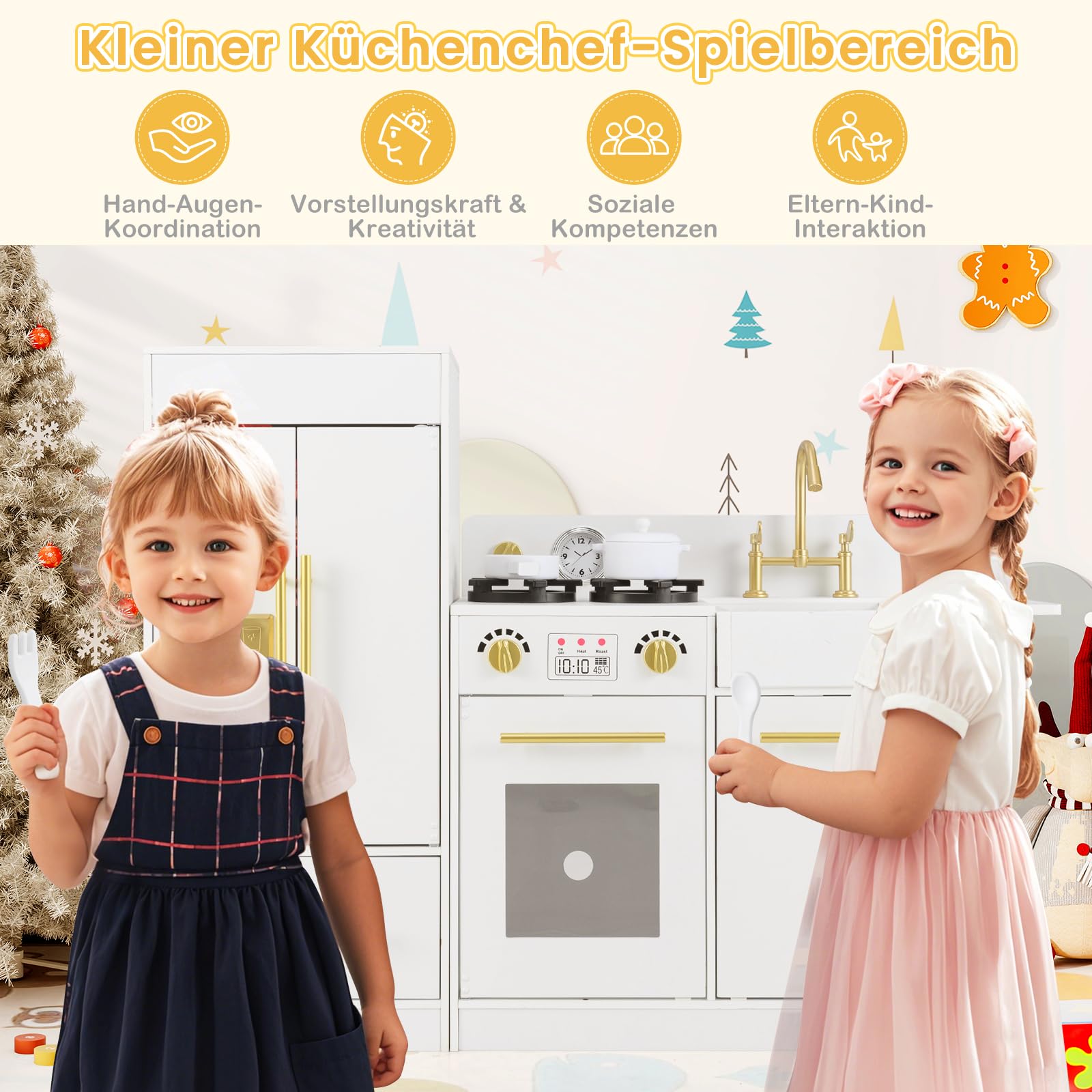 COSTWAY Kinderküche mit Kühlschrank, Spielküche Holz mit Herd & Spüle & Spülmaschine, Spielzeugküche inkl. Zubehör, Holzküche für Kinder ab 3 Jahren