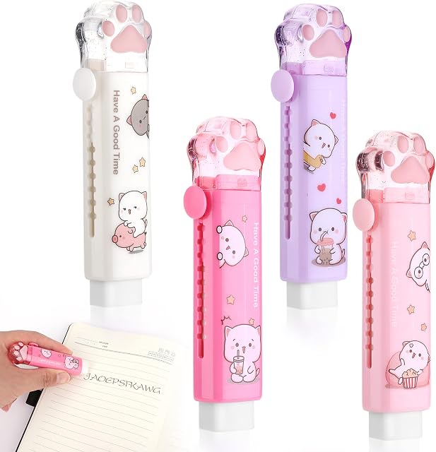 cobee Cute Cat Paw Erasers, 4 Pcs Retractable Cartoon Eraser for Kids Kawaii Push-Pull Rubber Pencil Eraser Pen-Style Erasers for Writing Drawing Office School Supplies(4 Colors)