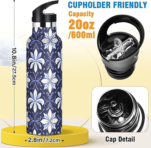 Miniatura 2 de Botella de agua con aislamiento deportivo de lirios de estilo bohemio azul oscuro a prueba de fugas, sin BPA, con pajilla, doble pared al vacío,