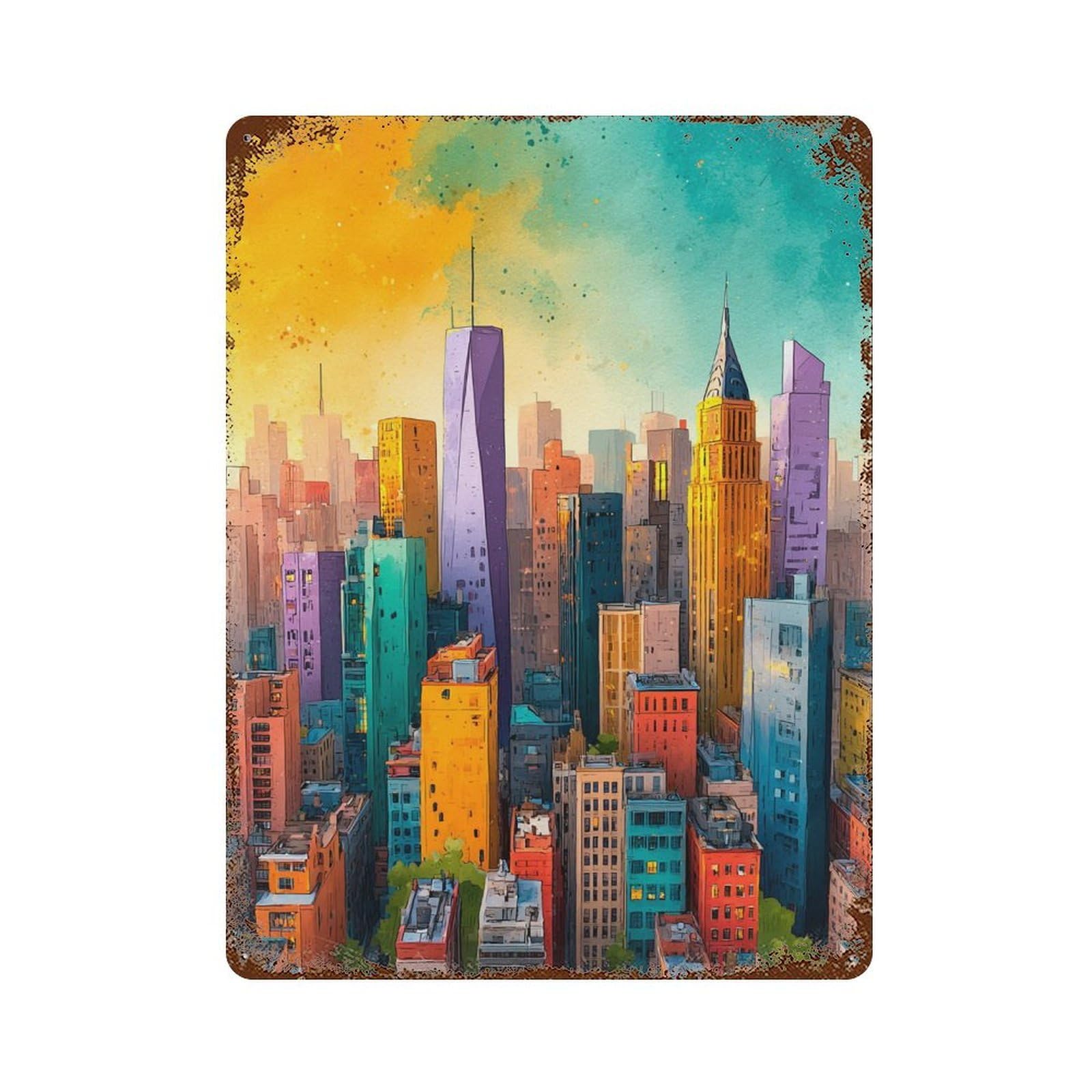 Garage Style Cityscape with Colorful Skyscrapers Rustic Tin Plaque 15.7"x11.8", Farmhouse Wall Decor for Bar And Workshop