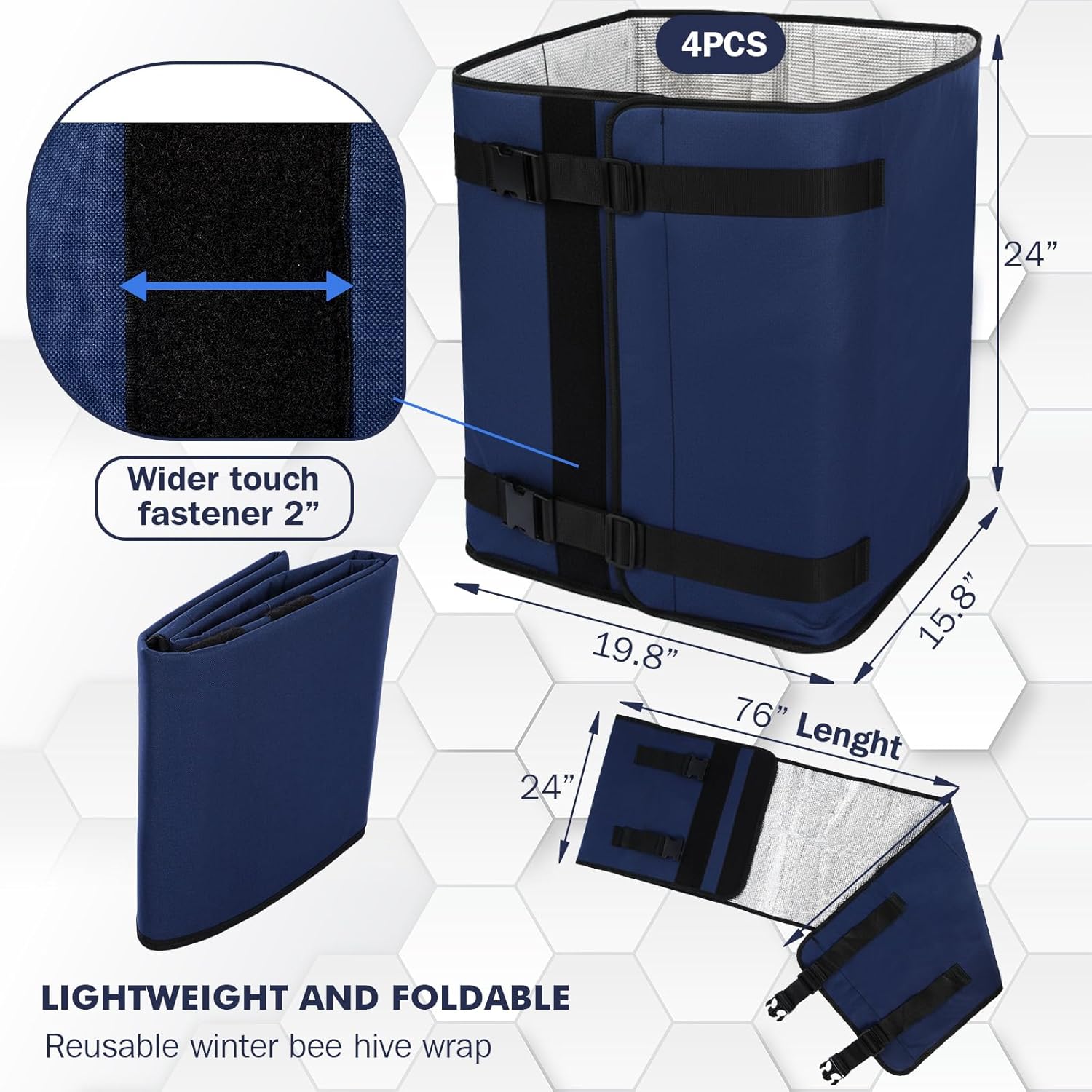 4 Pcs 24 x76'' Winter Bee Hive Wrap for 8 and 10 Frame Hives Adjustable Beehive Insulation Wrap Beekeeping Supplies Navy Blue 600d Oxford Cover, Waterproof, Windproof, Lightweight, Reusable