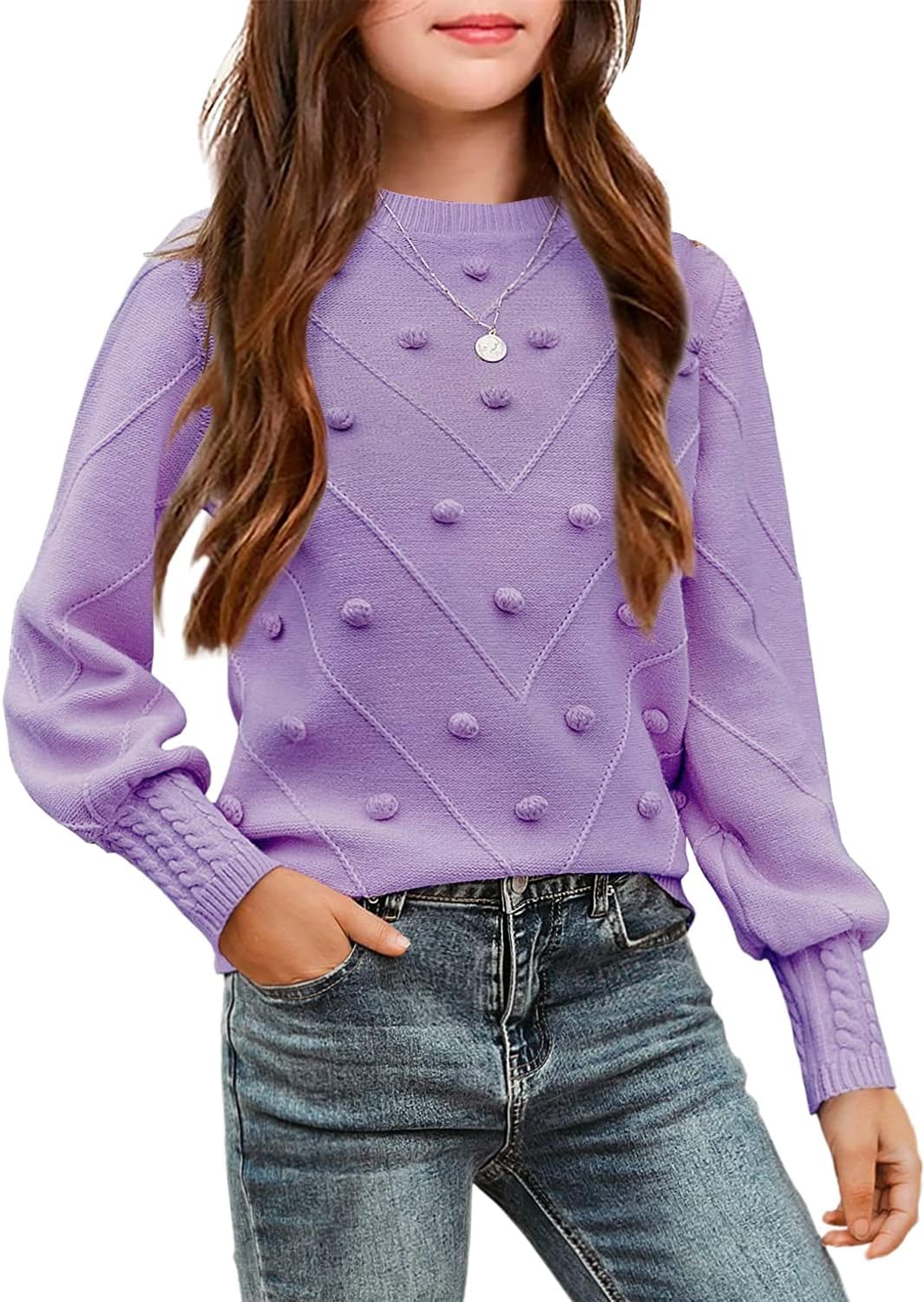 Arshiner Kid Girls Crew Neck Lantern Sleeve Sweater Cute Jumper Top Pullover Outwear 5-13 Years