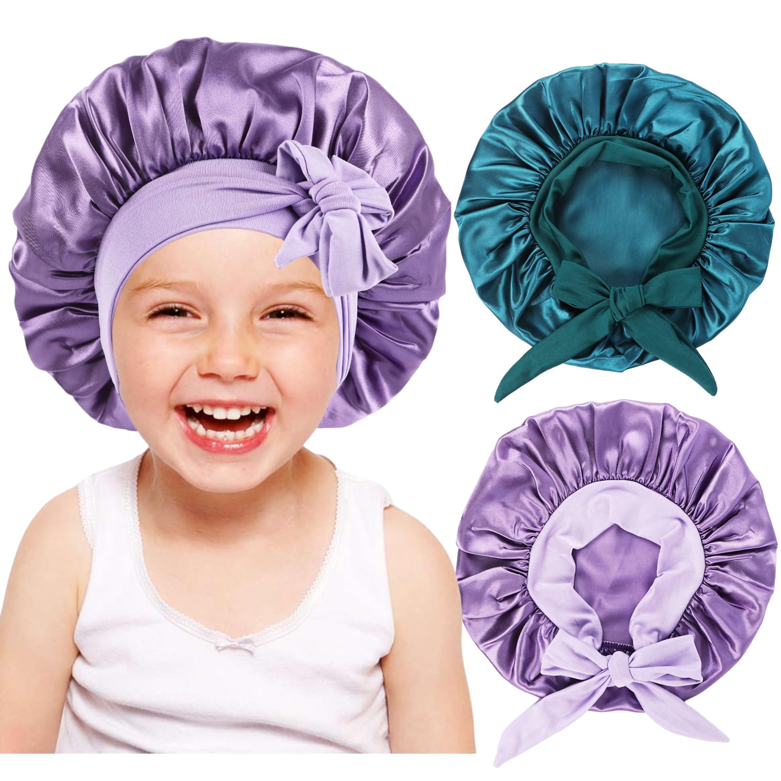 Photo 1 of 2 PCS Kids Bonnets for Girls,Silk Bonnet for Kid Sleeping,Toddler Bonnet for Curly Hair