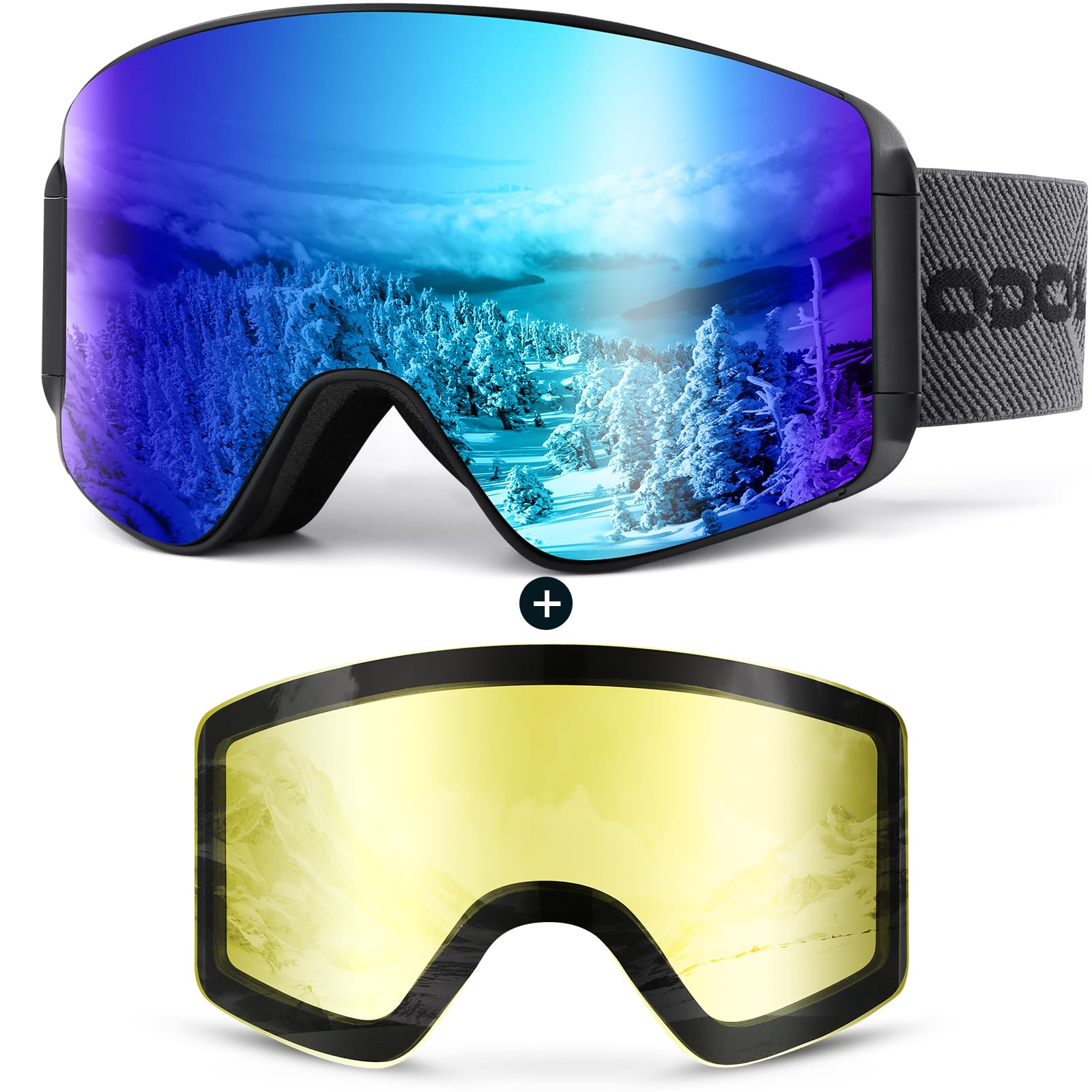 Odoland Kit di Maschera da sci con Lente Rimovibile, Lenti Intercambiabili Magnetico Senza Cornice, Occhiali da Sci Anti-nebbia con Protezione UV400, per Uomini e Donne, Compatibile con Casco