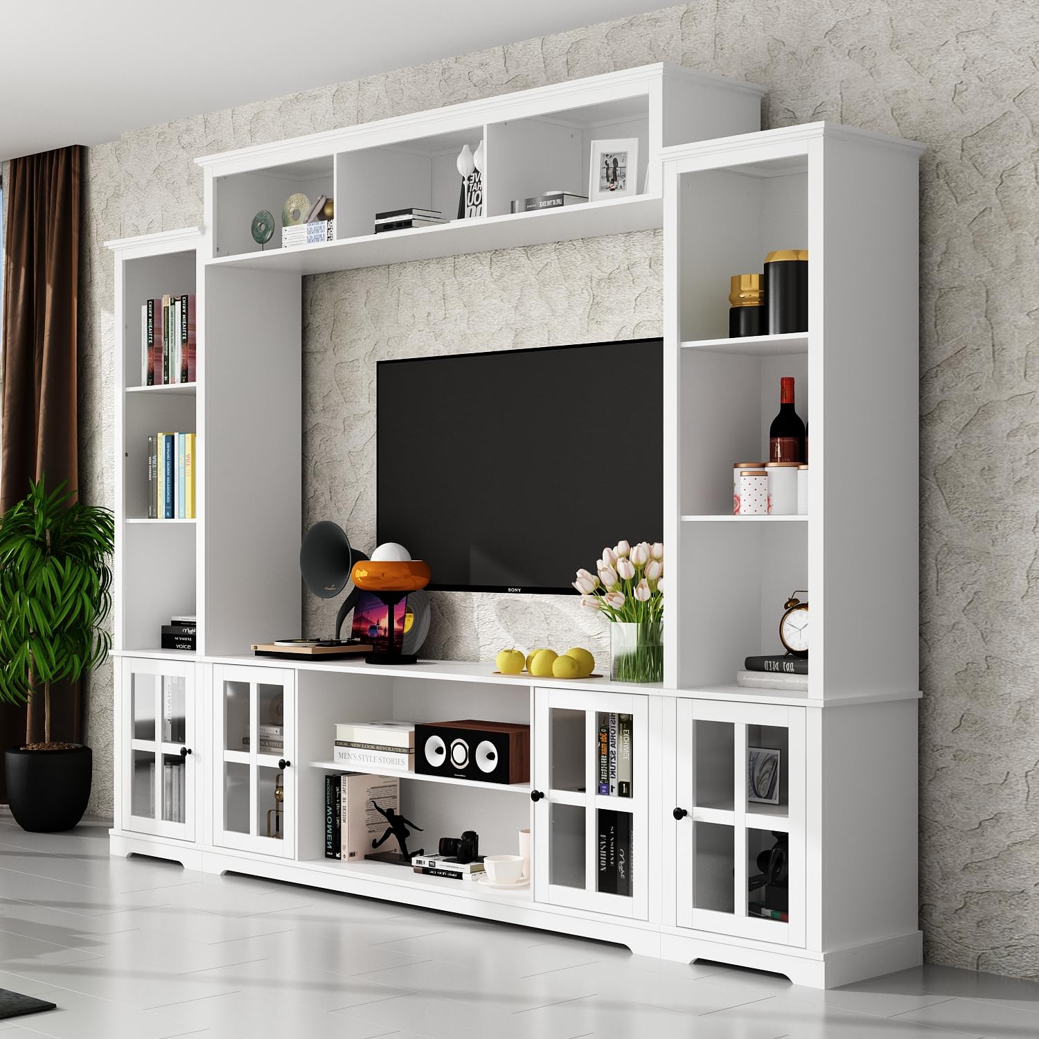 WOODTIME Large Wall Unit Entertainment Center with Bookshelves, Modern 4-Piece TV Stand with Bridge Cabinet & 19 Shelves, Media Console Table with Glass Doors for Living Room & Home Theater, White