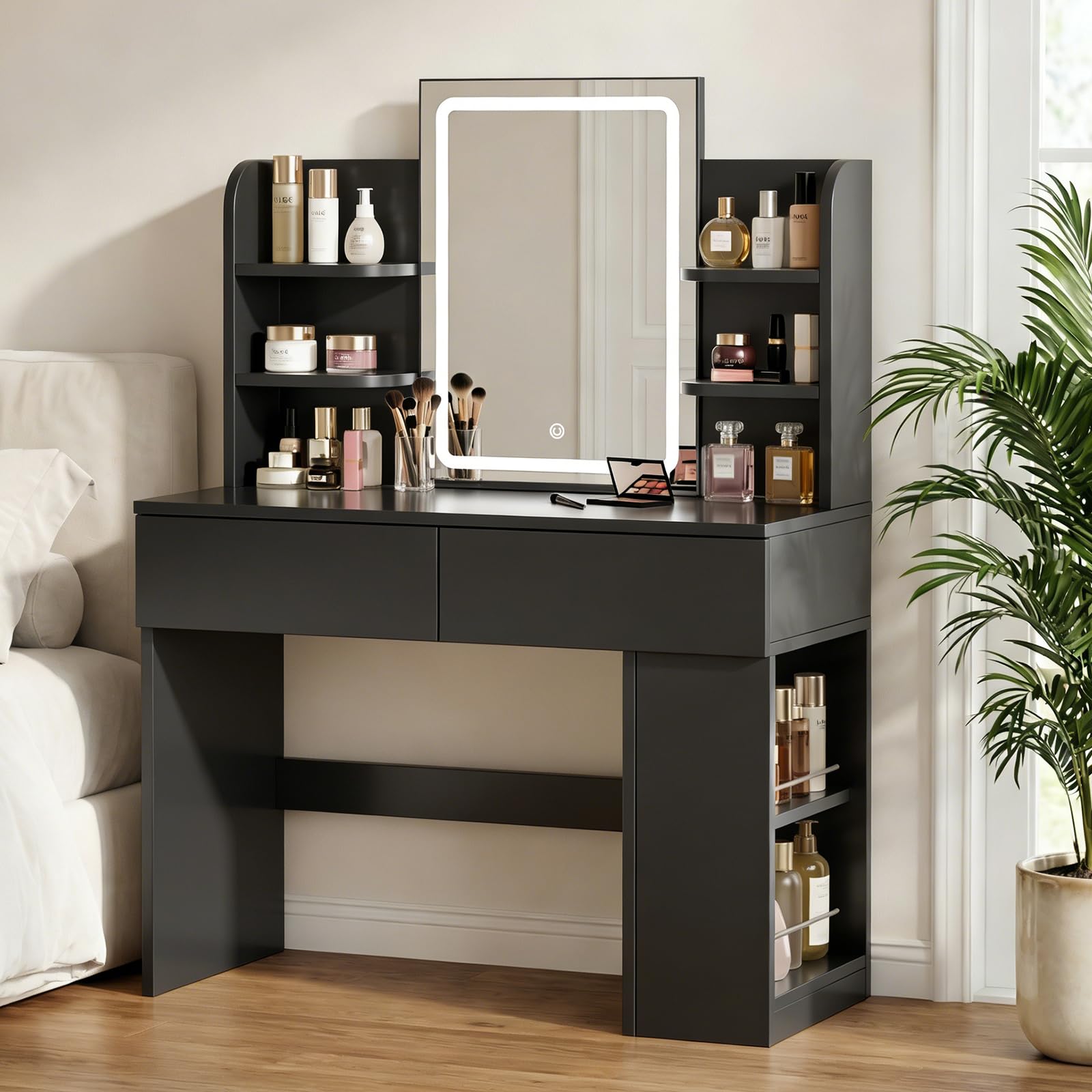 JUMMICO Dressing Table with LED Mirror,Vanity Desk with 2 Large Drawers,Adjustable Brightness,Makeup Table with Open Shelves and Sideboard,Bedroom Furniture (Black, 90cm)
