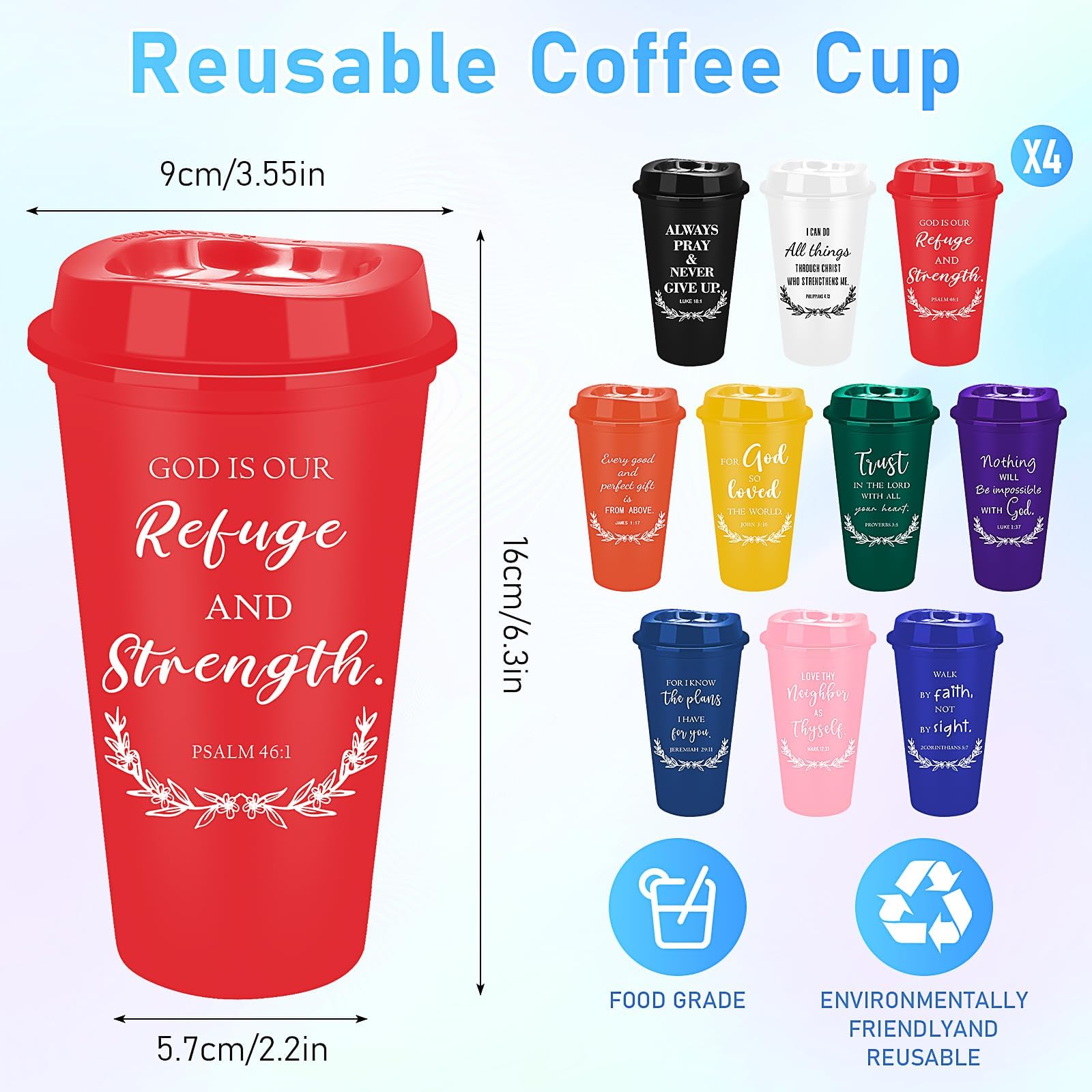 Lot de 40 tasses à café chrétiennes en plastique avec couvercles, 470 ml, réutilisables pour appréciation des employés, verset de la Bible, gobelets à café colorés pour femmes et hommes, cadeaux
