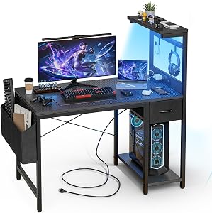Grandder Gaming Desk 100 x 50 cm with Power Outlet and LED Light, Pc Small Computer Desk with Reversible Shelves and Stora…