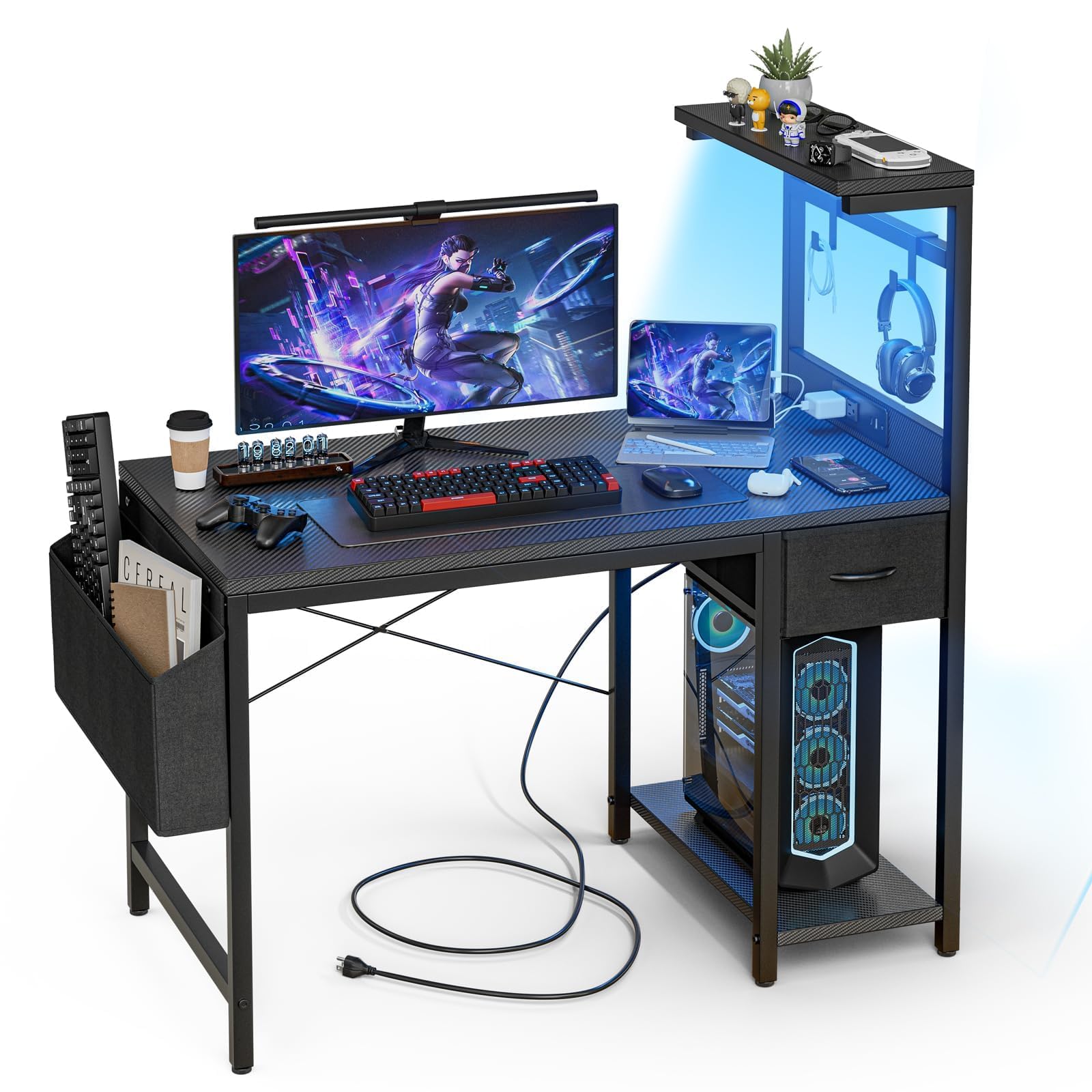 Grandder Gaming Tisch, 100 cm Gaming Schreibtisch mit Steckdose & LED-Beleuchtung, Computertisch mit reversiblen Regalen und Schublade, PC-Schreibtisch für Homeoffice mit Staufach, Carbonoptik Schwarz