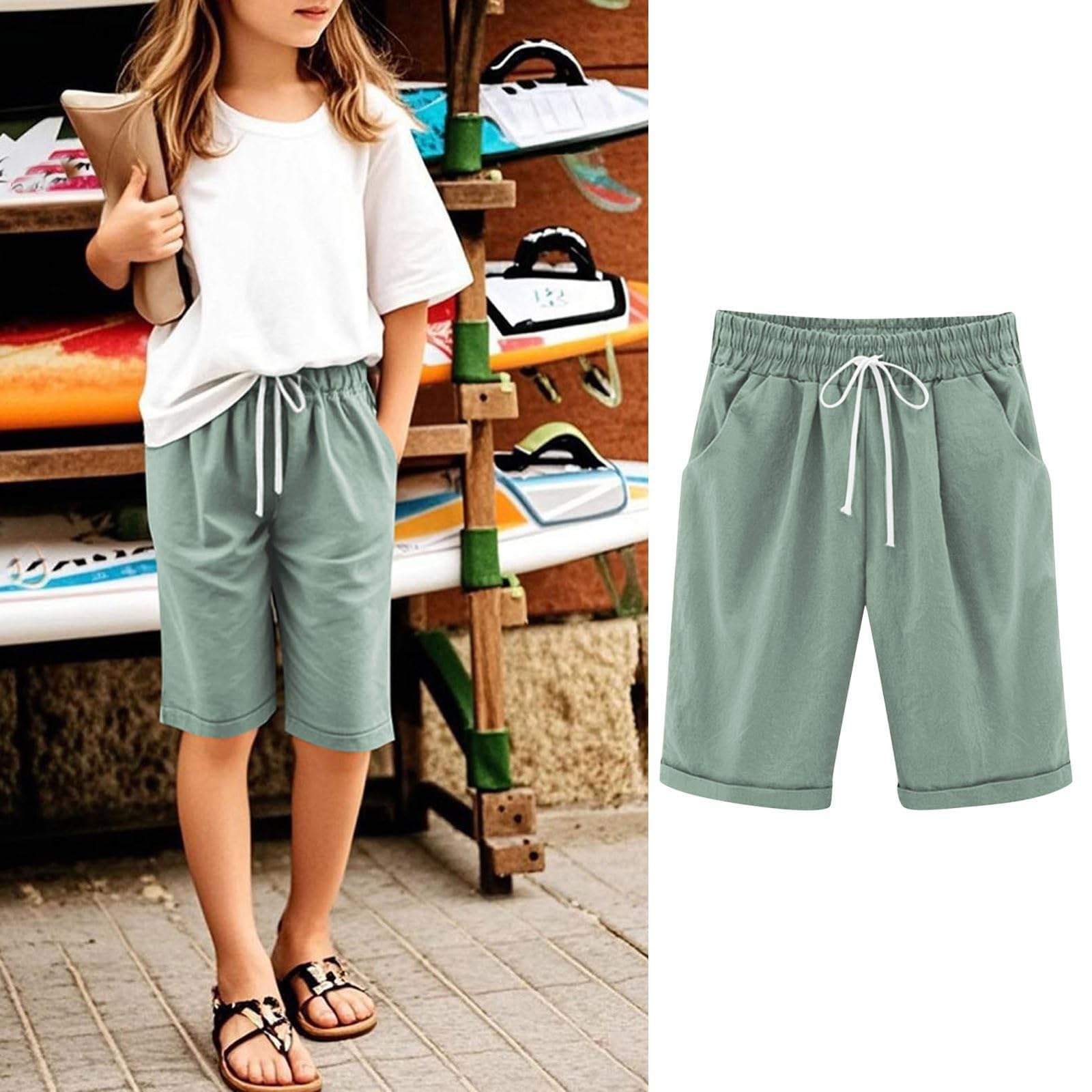 Pantalones cortos casuales para niña hasta la rodilla, cintura alta, verano, cordón, verde oliva