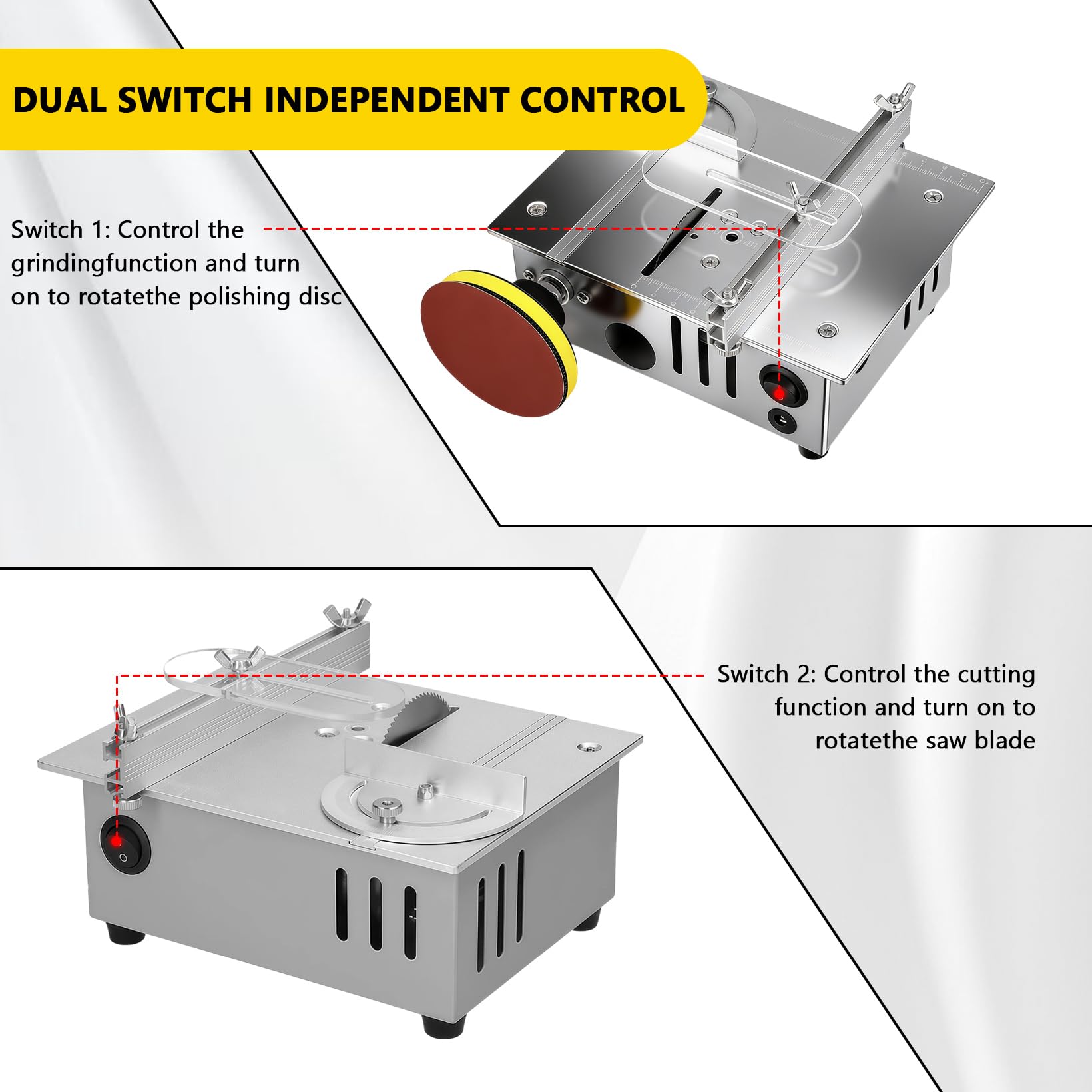 96W Mini Tischkreissäge 5000RPM 0-15 mm Einstellbare Sägeblatthöhe Elektrische Mini Tischsäge mit 4 Klingen und Polierscheibe Cutter Saw Ideal für Modellbau Bastelarbeiten kleine Schnittprojekte