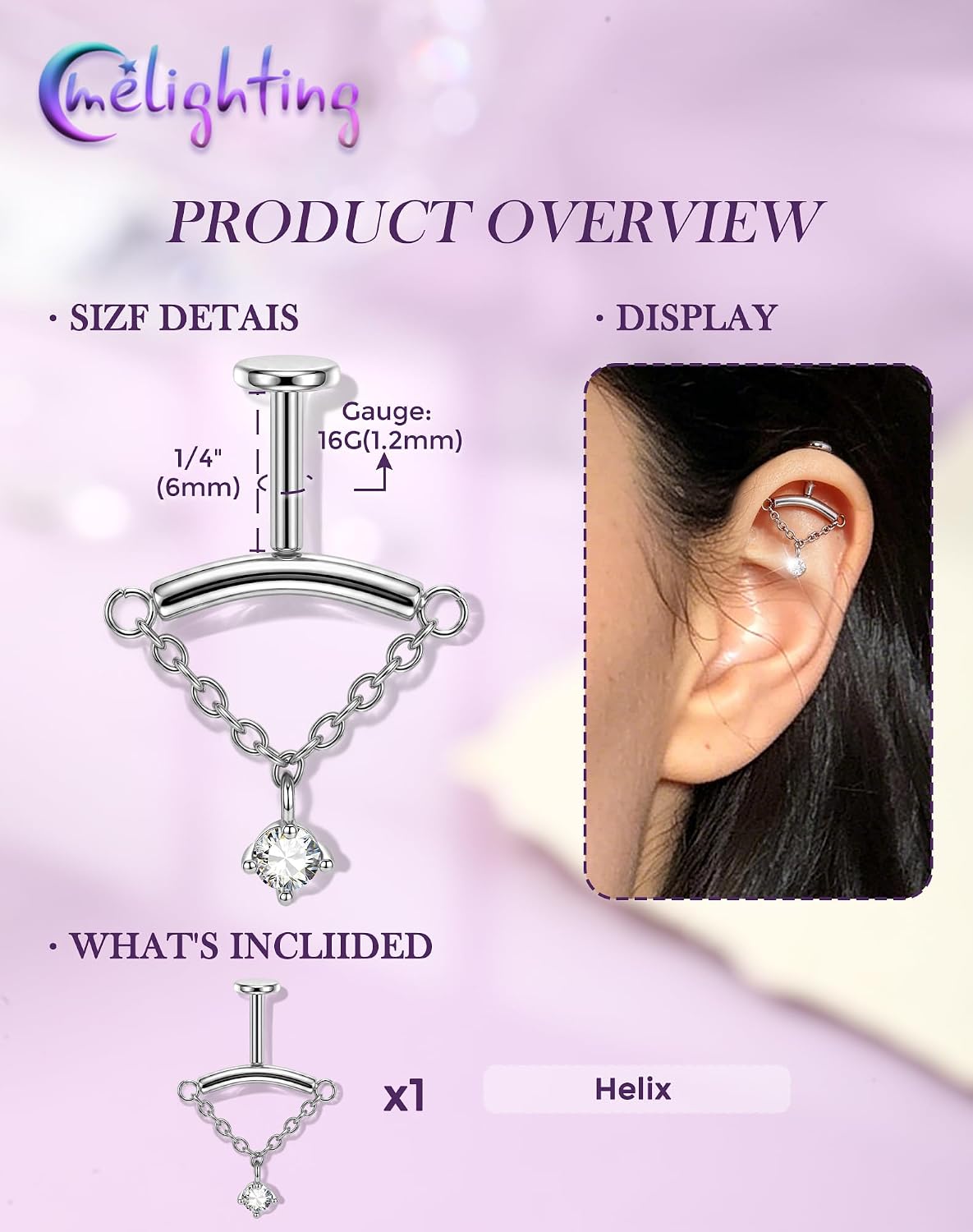 Melighting 16G Gold Vertical Helix Earring Threadless Push In Cartilage Piercing 316L Stainless Steel Flat Back Tragus Earring Chain CZ Labret Stud 6 mm for Women