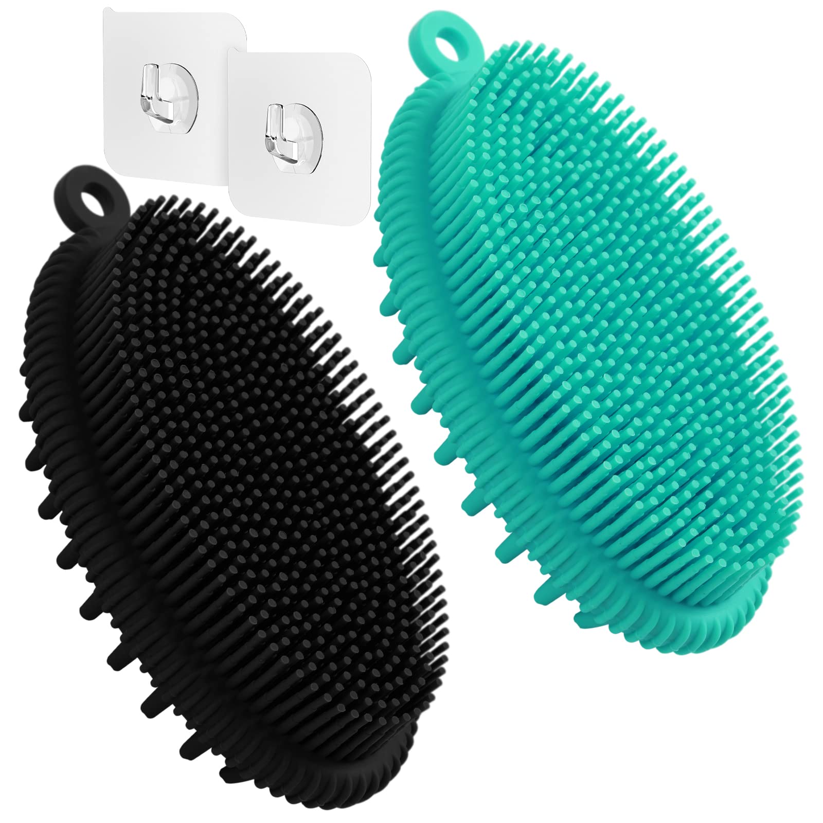 Shechane Silicone Body Scrubber, Gentle Body Brush, 2 in 1 Shower & Scalp Massager, Anti-Slip & Easy-to-Hold Shower Brush, Lathers Well. 2-Pack(Black+Blue)
