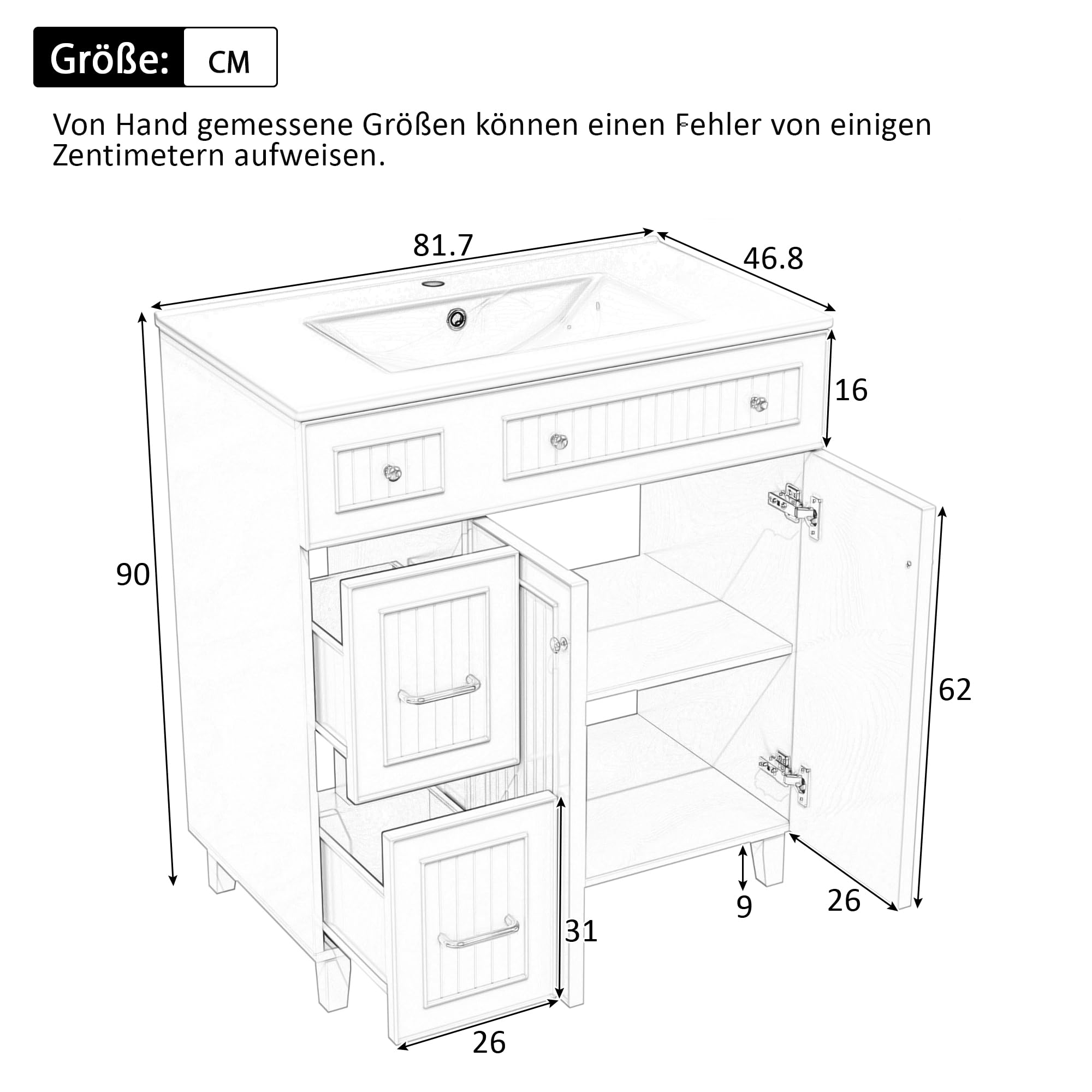 Umywalka z szafką pod umywalkę 81,7 cm – stojąca umywalka z umywalką ceramiczną, lakierowaną MDF i nóżkami z litego drewna – szafka pod umywalkę biała do łazienki, WC dla gości – zestaw mebli