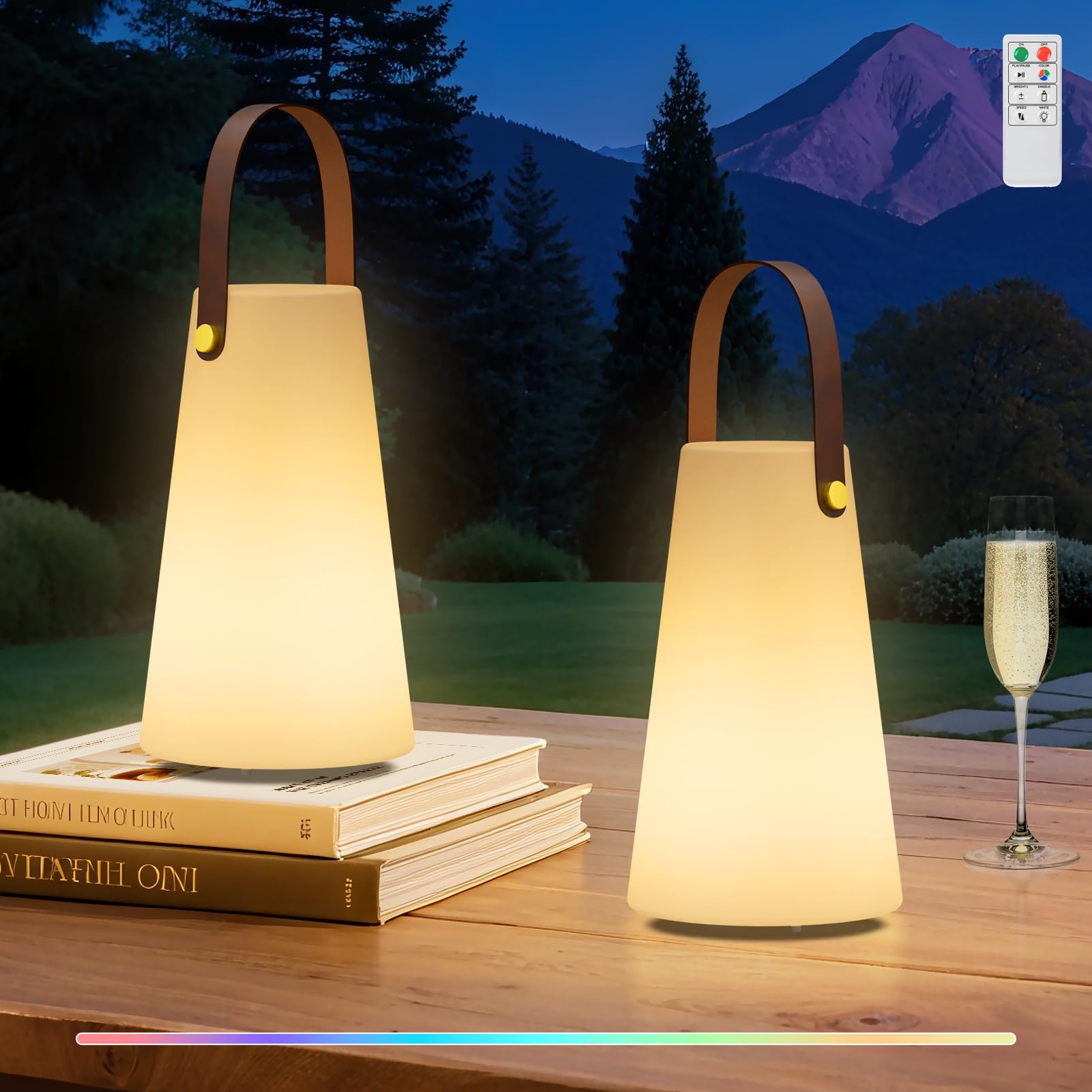 MALUX Outdoor Lampe, 2er Set Led Tischlampe Akku mit Warmweiß Light und 8 Farben für Alle Jahreszeiten, Dimmbar Tischlampe Kabellos mit Fernbedienung Wasserdicht IP44 für Haus Garten Hotel