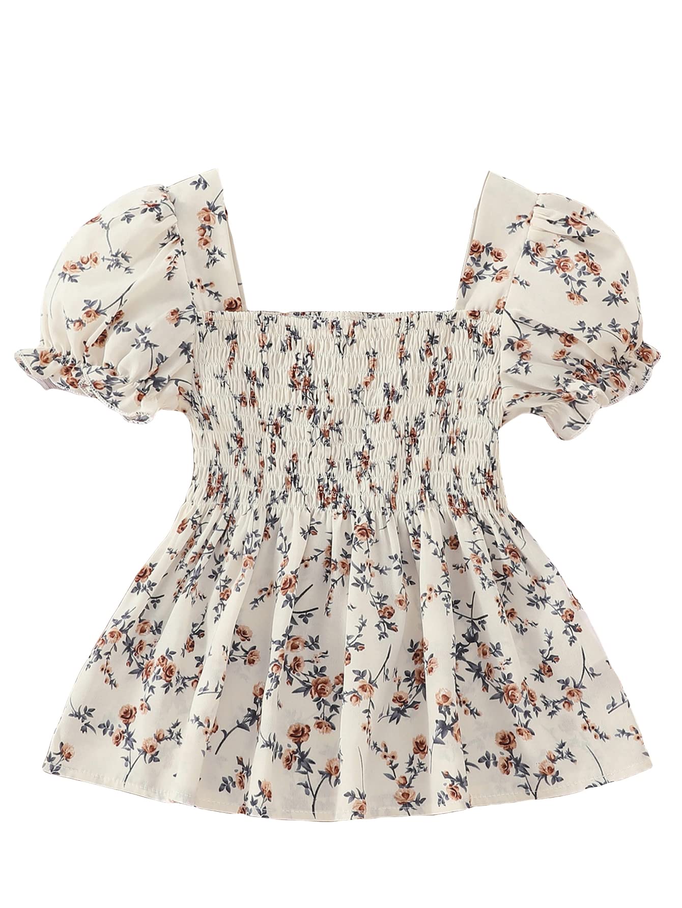 SHENHE Girl's Floral Square Neck Puff Short Sleeve Shirred Blouse Peplum Tops