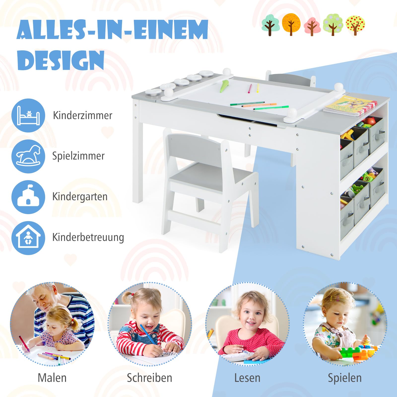 COSTWAY Kindertisch mit 2 Stühlen, 3 in 1 Aktivitätstisch & Staffelei Holz mit anhebbarer Tischplatte, Farbbechern, 6 Stoffbehältern & Papierrolle, Kindersitzgruppe für ab 3 Jahren, 109x60x55cm, Grau