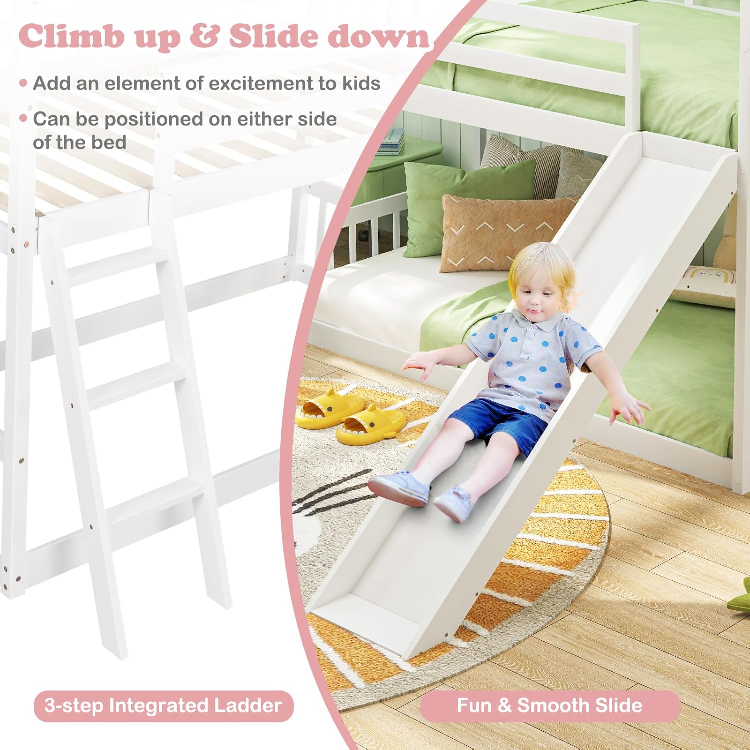 Child sliding down the KOMFOTT bunk bed slide, with the 3-step ladder visible.