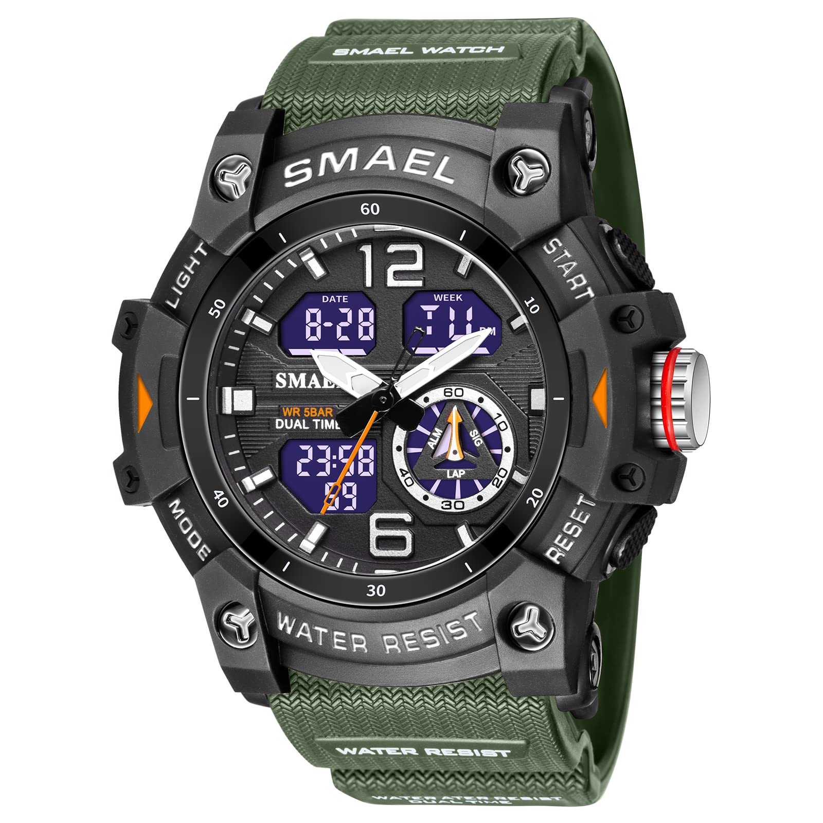 SMAEL 8007 - Reloj deportivo digital para hombre, reloj de pulsera con movimiento dual de cuarzo (verde militar), Verde militar.