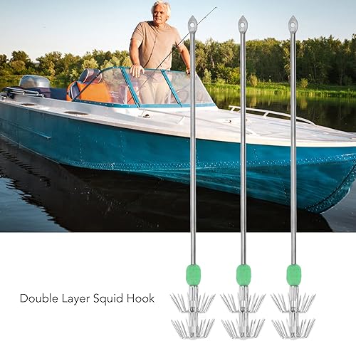 Miniatura 3 de KENANLAN Plantilla de pesca de calamar, 10 piezas de ganchos de calamar de doble capa, acero inoxidable, mango largo, luminoso, cebos falsos de pesca