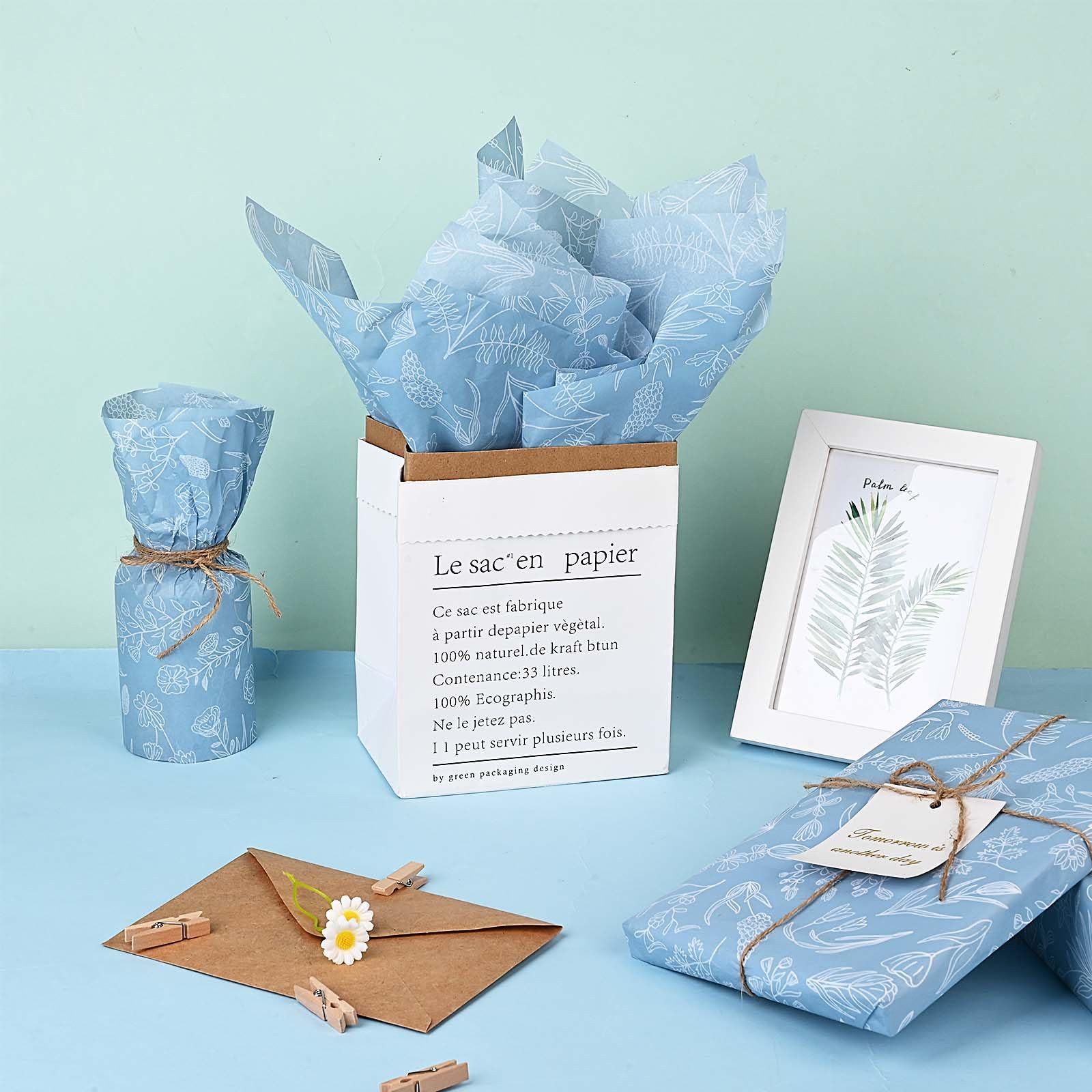 Lot de 100 feuilles de papier de soie à imprimé floral bleu poudré pour emballage cadeau, sac cadeau, décoration botanique, pour mariage, fête prénatale, loisirs créatifs