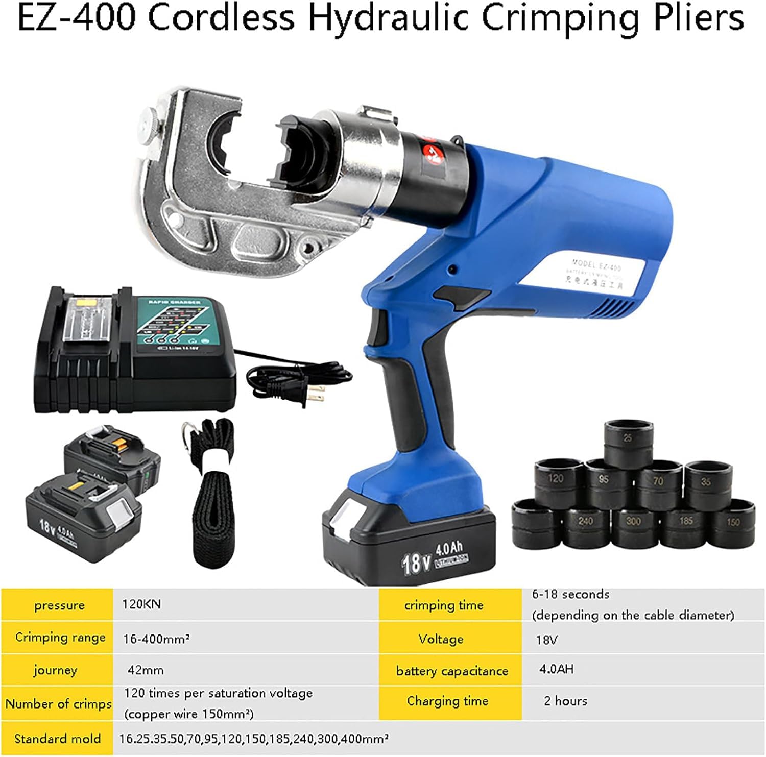 Elektryczne hydrauliczne narzędzia do zaciskania - Zaciskarka do końcówek kablowych, zaciskanie 16-400/16-300 mm², seria EZ-400/EZ-300, szczypce do zaciskania końcówek do końcówek miedzianych (Ez400)