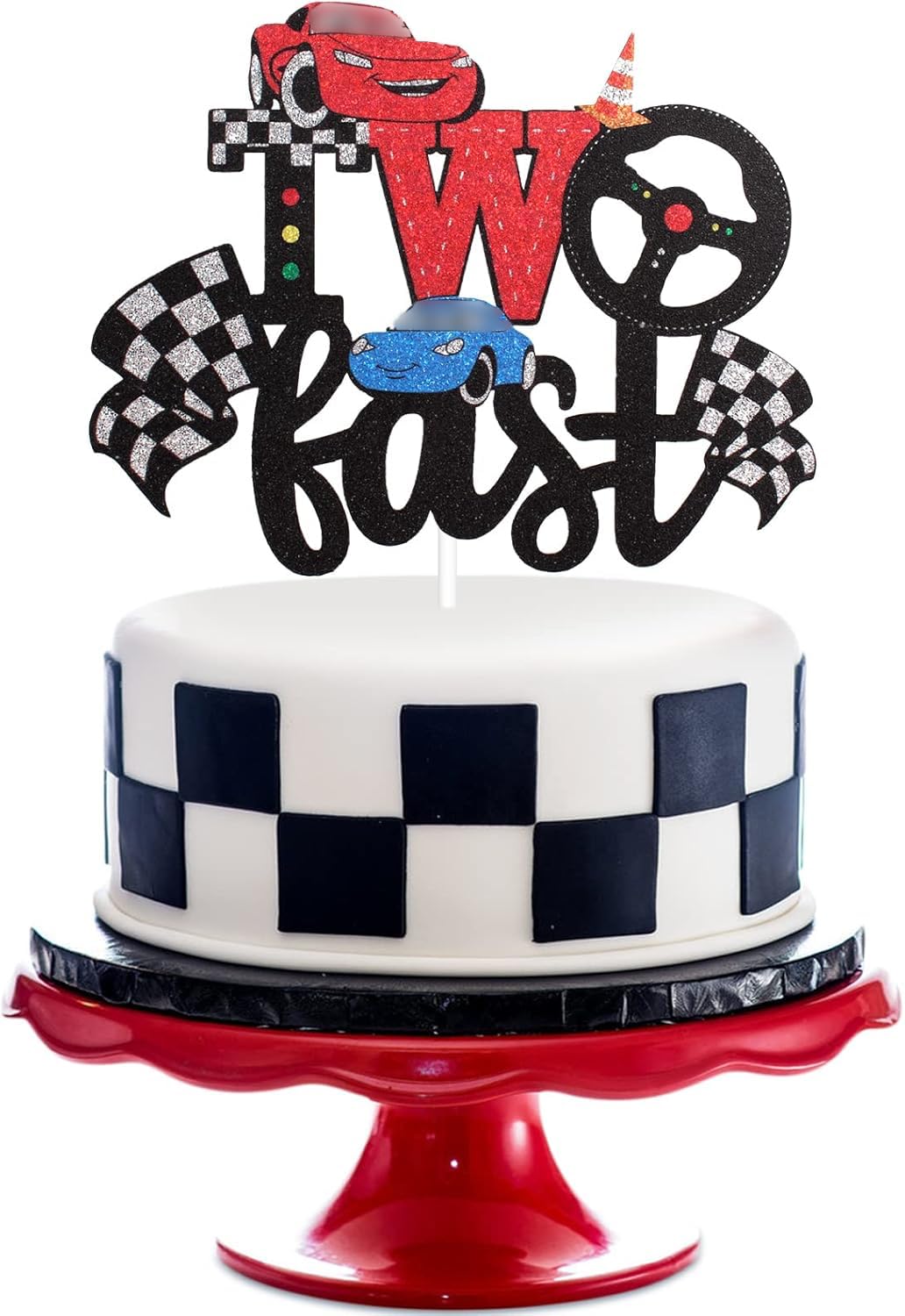 LHCING Two Fast Race Car Cake Toppers - Race Car Theme 2nd Birthday Glitter Cake Supplies - Boy's Two Years Old Cars Checkered Flag Party Decoration