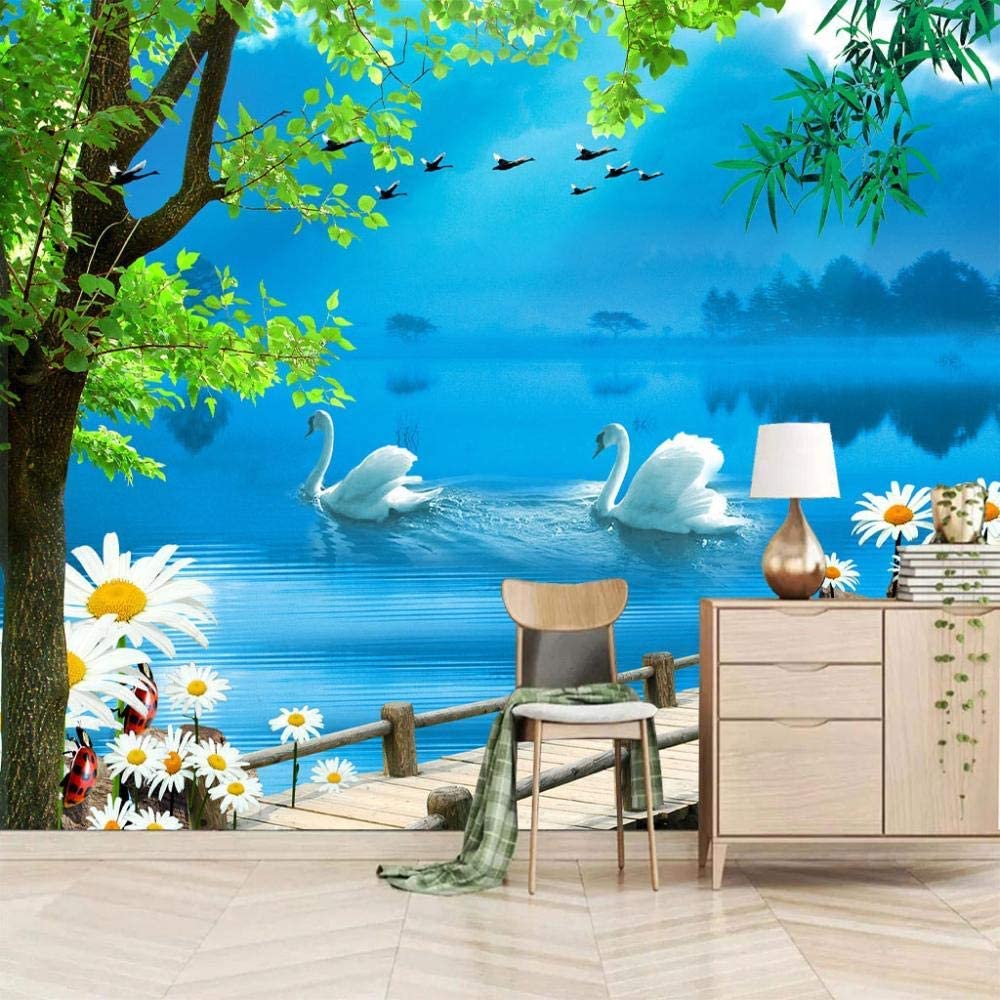 Papel Pintado Mural, 3D Pareja De Cisnes En El Lago Papel Pintado Autoadhesivo Peel And Stick Para Sala De Estar, Dormitorio, Tv, Fondo, Oficina, Restaurante, Habitación, Póst 350(ancho)x256(alto)cm