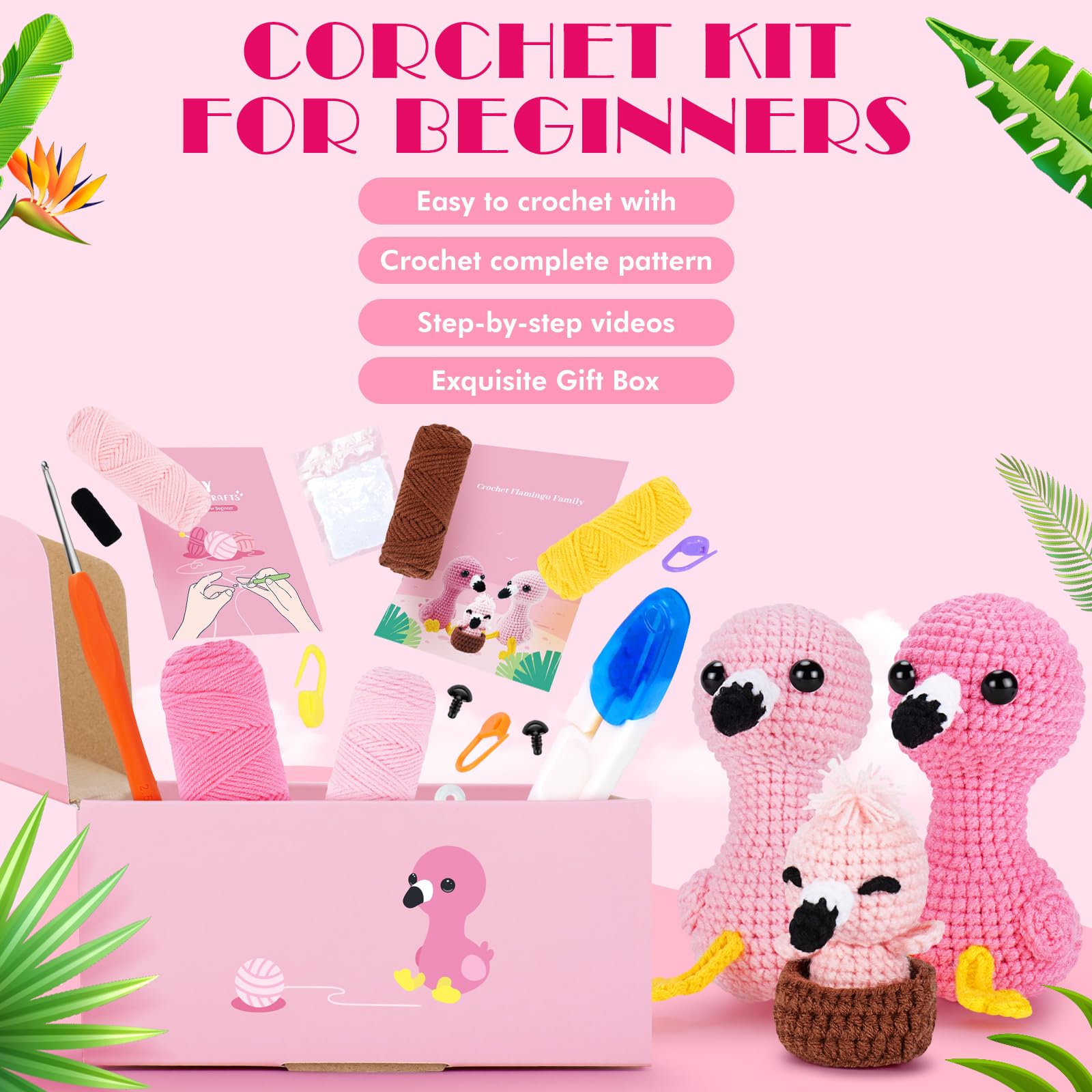 Kit De Crochet Débutant Flamant Rose - Inclut Fil, Crochets, Tutoriel Vidéo Et Matériel - Loisir Créatif Pour Adultes Et Enfants