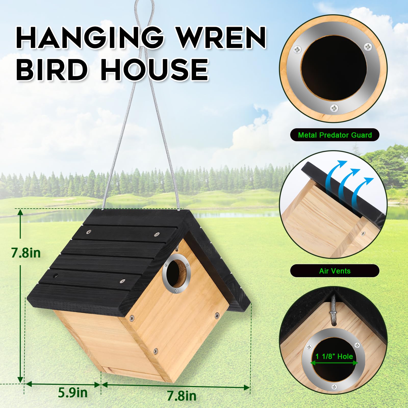 Gtongoko Casa de pájaros de madera para exteriores, casa colgante de cedro para exteriores, nido de pájaros con rejillas de ventilación, puerta limpia para observación de aves silvestres, 1 paquete,
