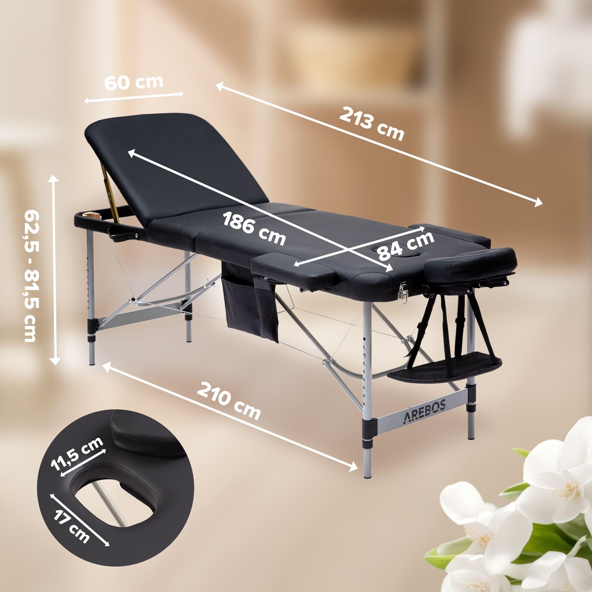 Arebos Mobile Massageliege 3 Zonen, Massagetisch, Massageliege klappbar, höhenverstellbare Aluminium Massagebett Kosmetikliege tragbar inkl. Zubehör, Kopfstütze, Armlehne und Tragetasche, Schwarz