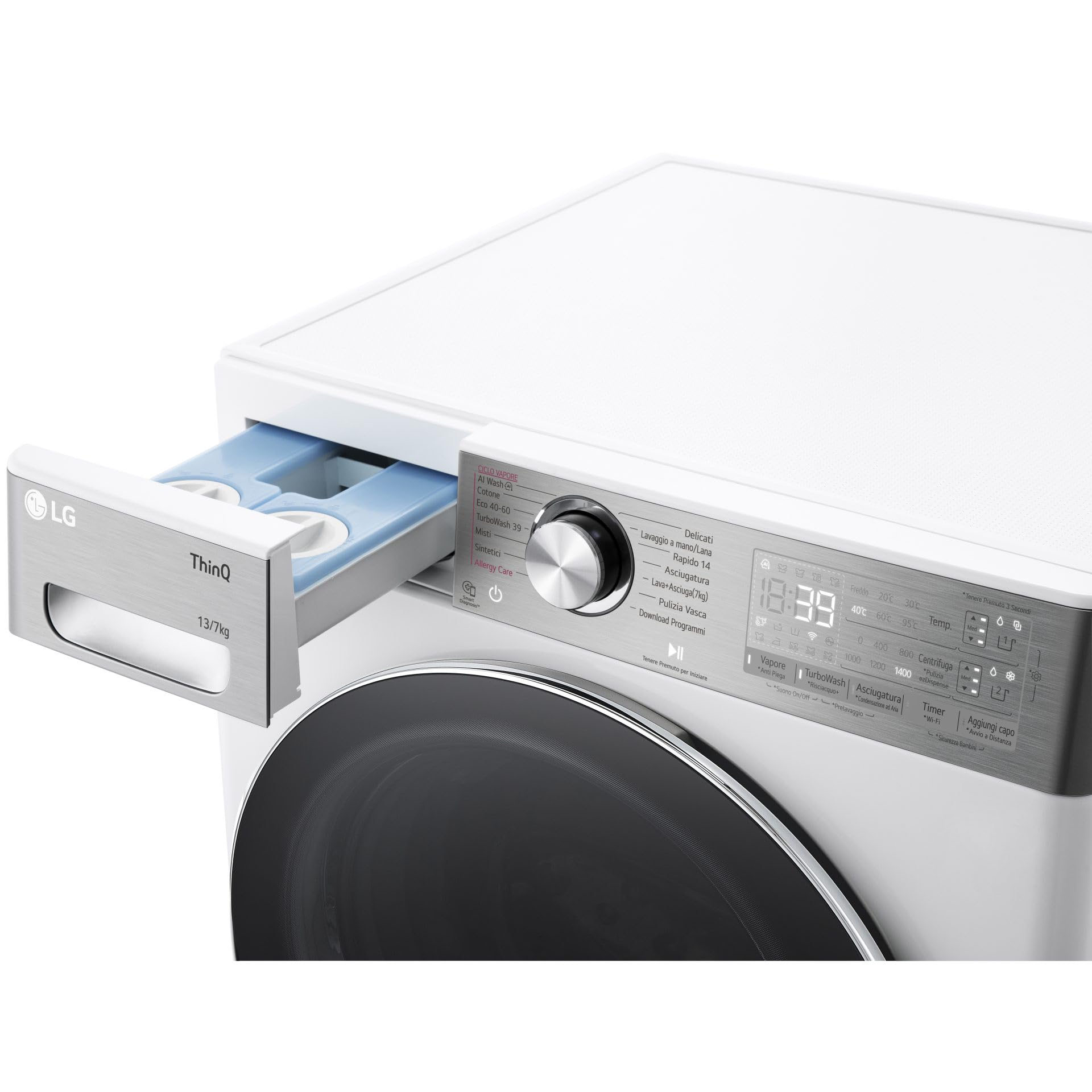 LG AI DD D4R9513TPWC Lavadora Secadora 13/7 kg Serie R9 Clase D Lavadora Secadora 1.400 RPM TurboWash 360 Vapor Steam+ y Antiarrugas, Dosificación Automática, Wi-Fi, Blanco
