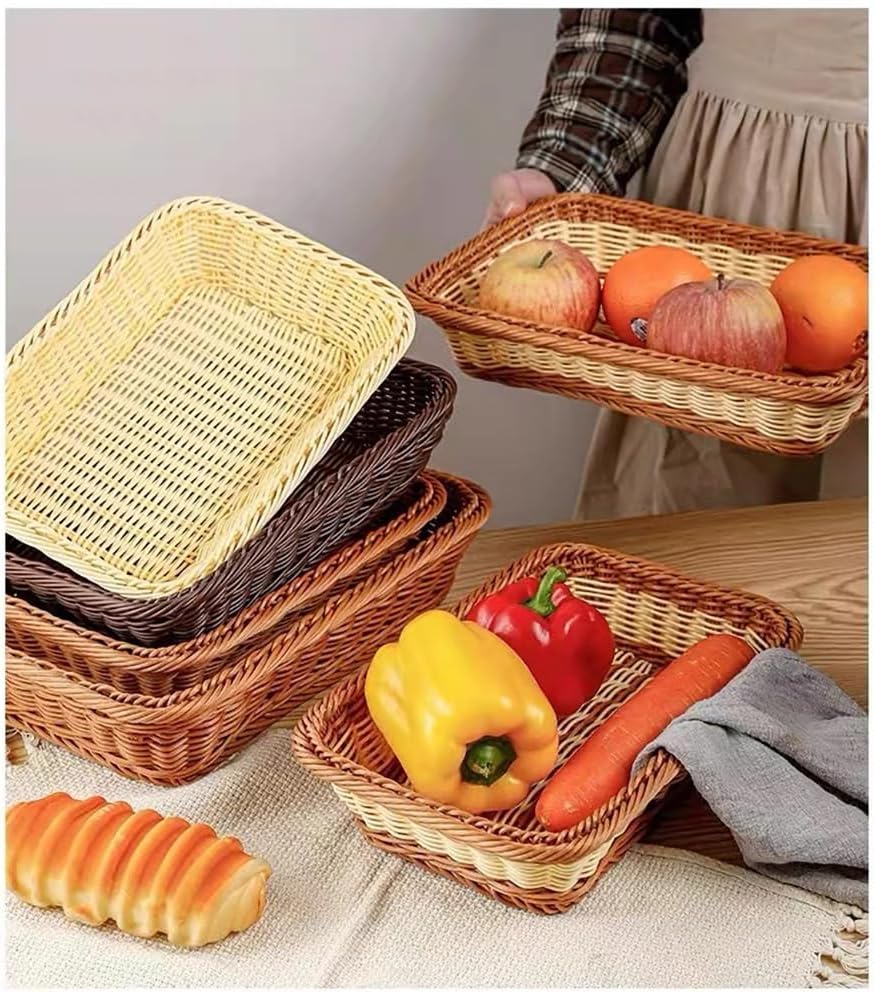 3pcs Large Wicker Bread Basket for Serving, Rectangle Display Basket, Easter Gift Baskets, Sturdy Durable Stackable Storage Baskets for Kitchen, Store, Restaurant, Party (Bicolor, L)