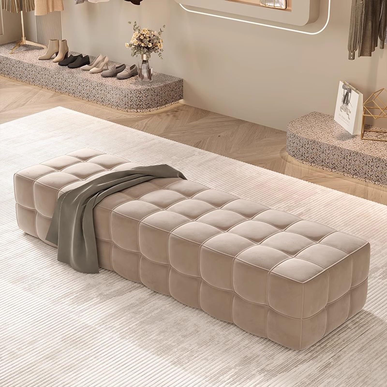 OIFAODAO Velvet Ottoman Bench(Khaki,60X50X43cm)