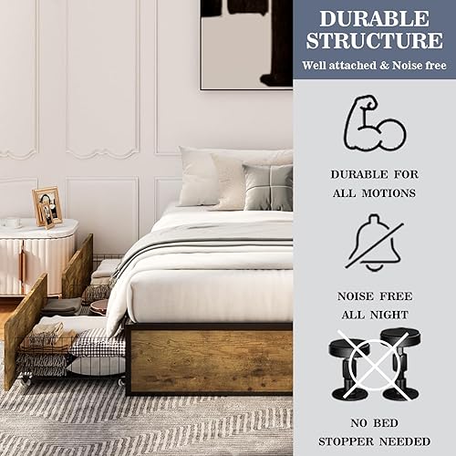 Miniatura 8 de Allewie Cama de almacenamiento industrial con cajones, plataforma de metal de madera, resistente y sin ruido, tamaño matrimonial moderno para