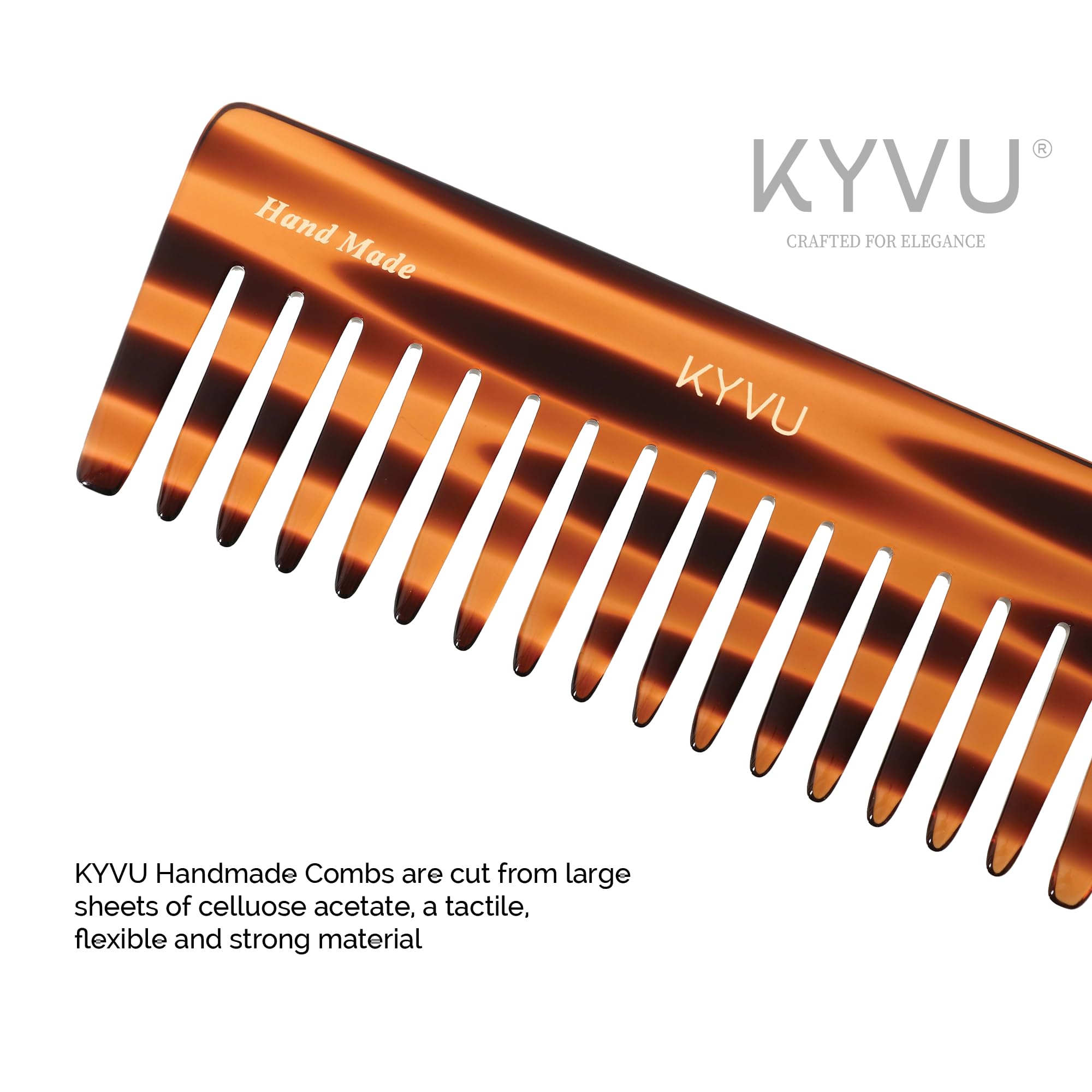 KYVU T22 Wide-Tooth Detangling Comb - Handmade Cellulose Acetate Hair Comb for Wet or Dry Hair - 15.6 cm - Tortoiseshell Finish - Image 3