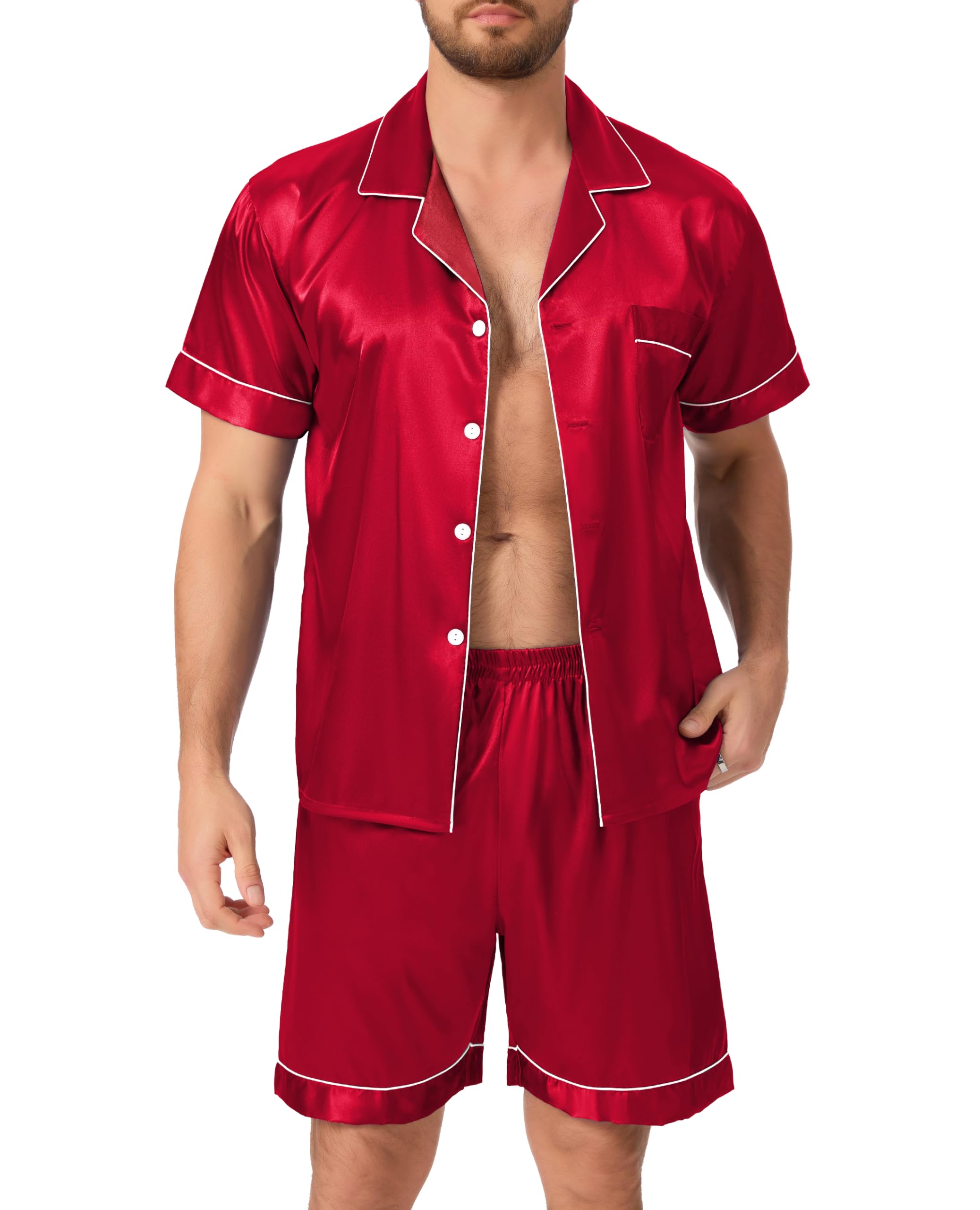 Lovasy Satin Schlafanzug Herren Kurz Kurzarm Pyjamas Set mit Knöpfen Sommer Pjs Sets Zweiteiliger Nachtwäsche