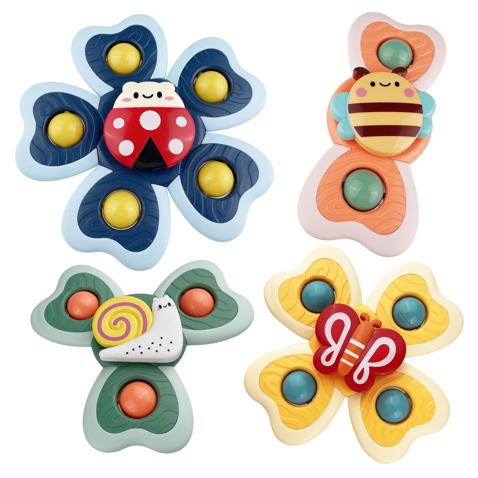 Sudnsadaks 4PCS Juguetes Bebe, Juguete Giratorio, Spinner Juguetes Baño Bebe, Sensorial Giratorios con Ventosa (Abeja Mariquita Caracoles Mariposa) Diversión y Estimulación Sensorial para Bebés