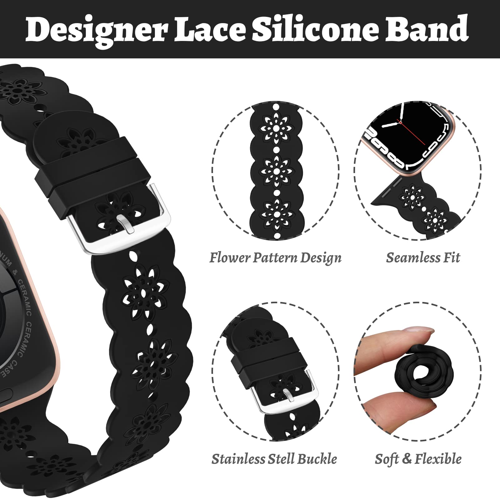 Correa deportiva de silicona de encaje compatible con correas de Apple Watch de 1.49 1.57 1.65 1.75 1.75 pulgadas mujeres y hombres correas de reloj transpirables para iWatch Series SE 7 6 5 4 3 2 1