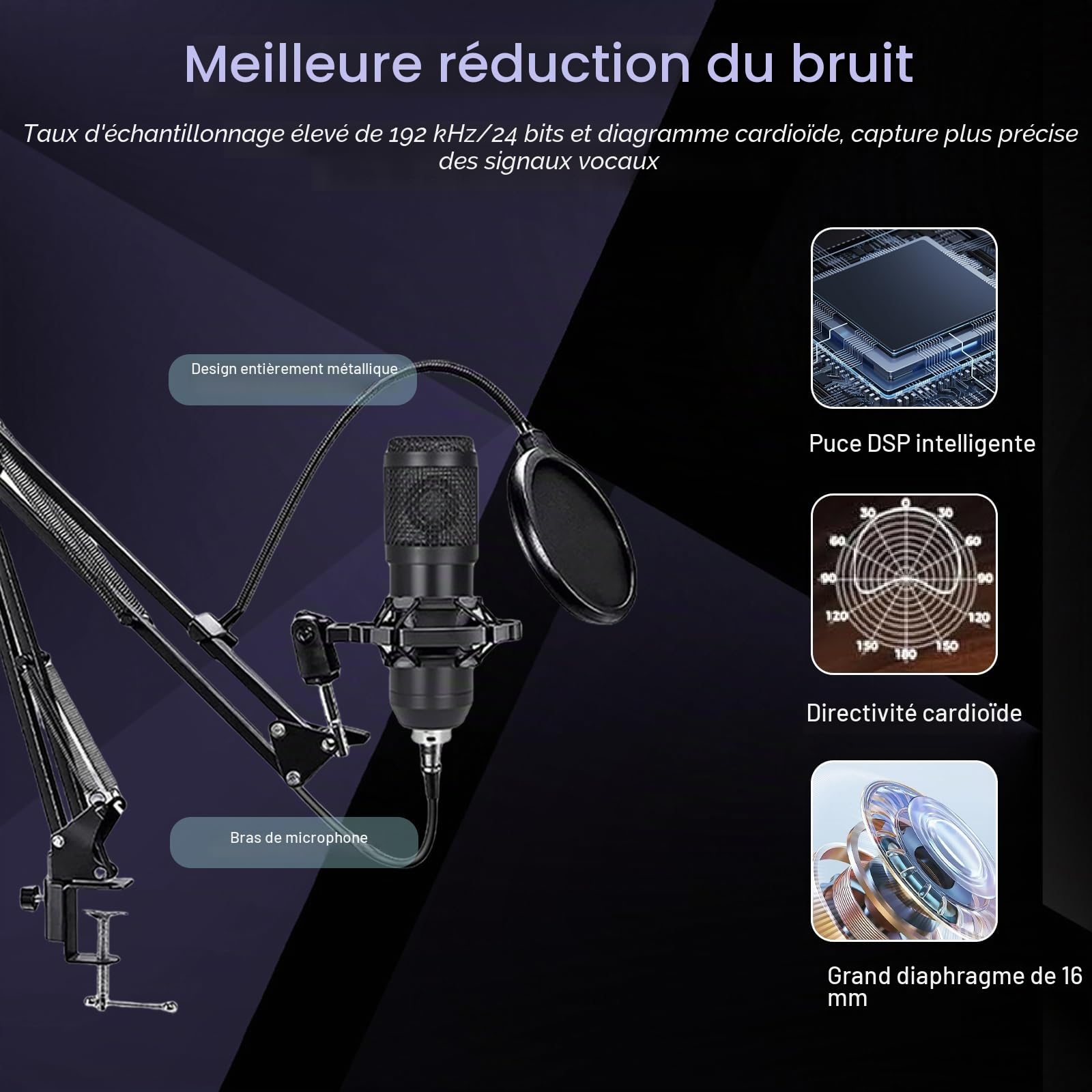 Ensemble d'équipement de podcast, microphone de streaming, kit de démarrage de podcast, condensateur USB, kit de mixage audio avec carte son pour streaming, chant, enregistrement de podcast, convient