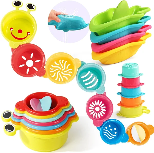 11 PCS Toddlers Bath Toys for Kids Ages 1-3, Baby Shower Toys Mold Free Bathtub Toys for 12-18 Months, Pool Water Table Beach Sand Toys Stacking Cups for Kids 2-4, Gifts for Boys and Girls