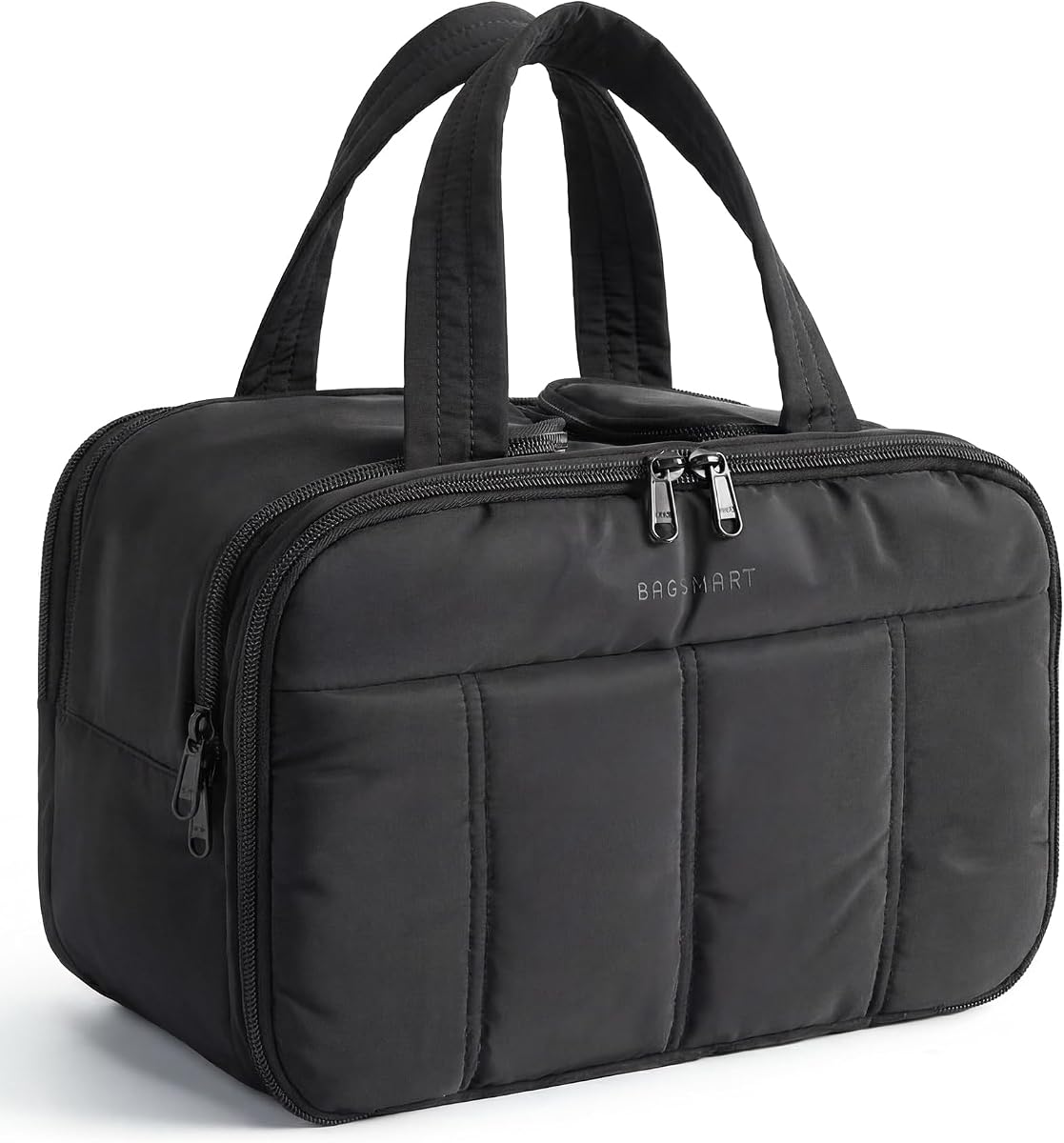 BAGSMART Neceser de viaje, bolsa de aseo grande para mujer, bolsa de maquillaje ligera, organizador con asa para viajes, accesorios, artículos esenciales, artículos de tocador (negro)