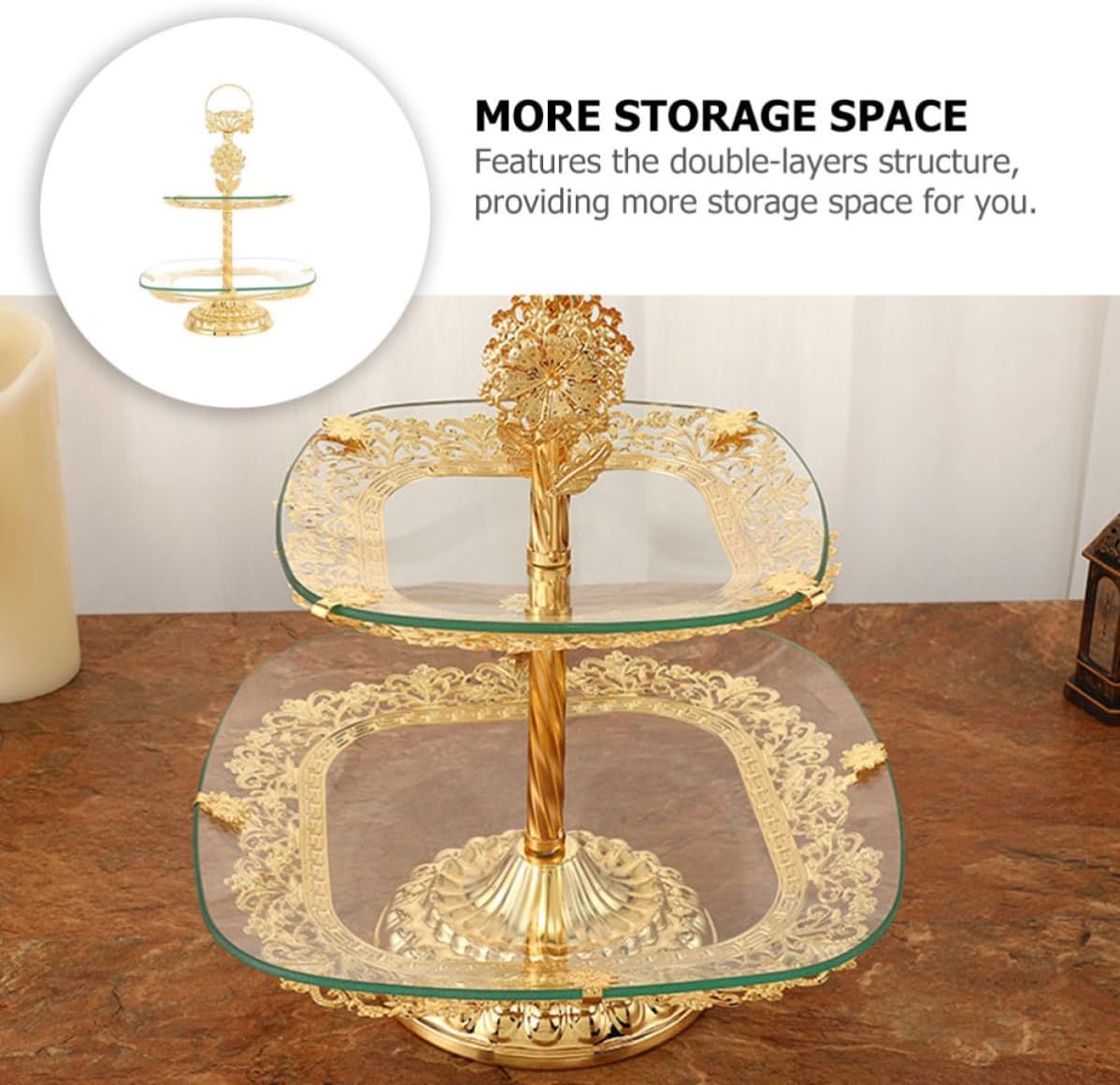 Double Layer Glass Fruit Tray with Wide Edge, Golden Iron Frame