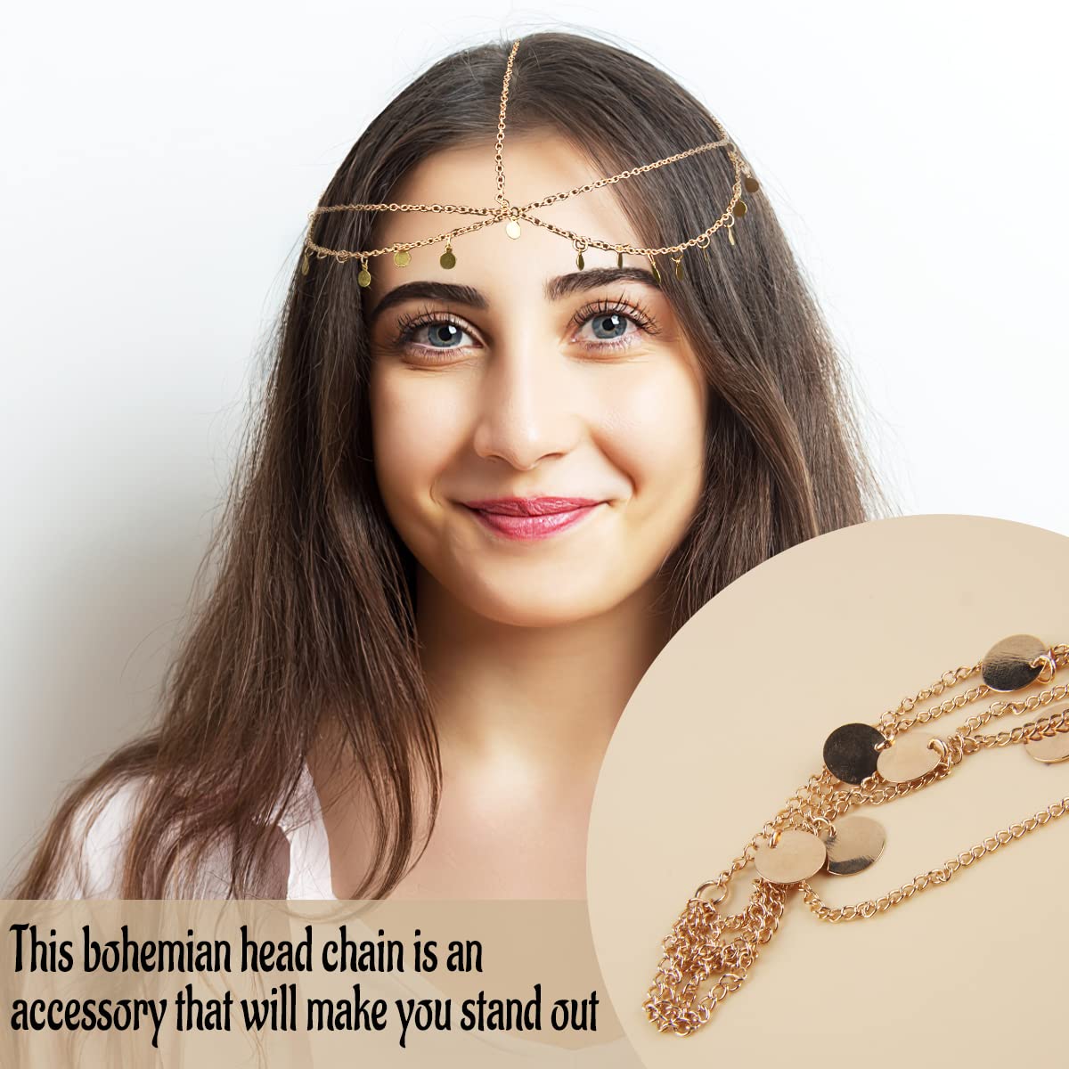 Catena Testa Donna Oro, RosyFate 2 Pezzi Catena Per La Testa Bohémien, Catena Testa Elfo, Con Nappe Paillettes, Ciondolo, Accessori per Capelli Sposa, per Donne e Ragazze