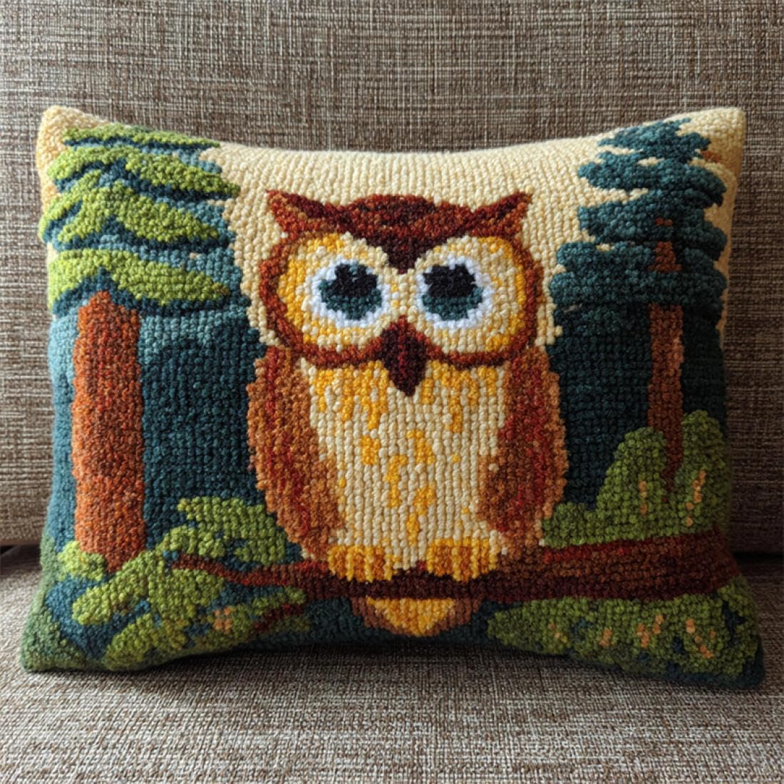 Kitquiver Animal Cushion Making Kit Cartoon Owl Crochet Needlework Crafts with Latch Hook Tool for Adults DIY Handmade Home Cushion Kits Decor 17x17In