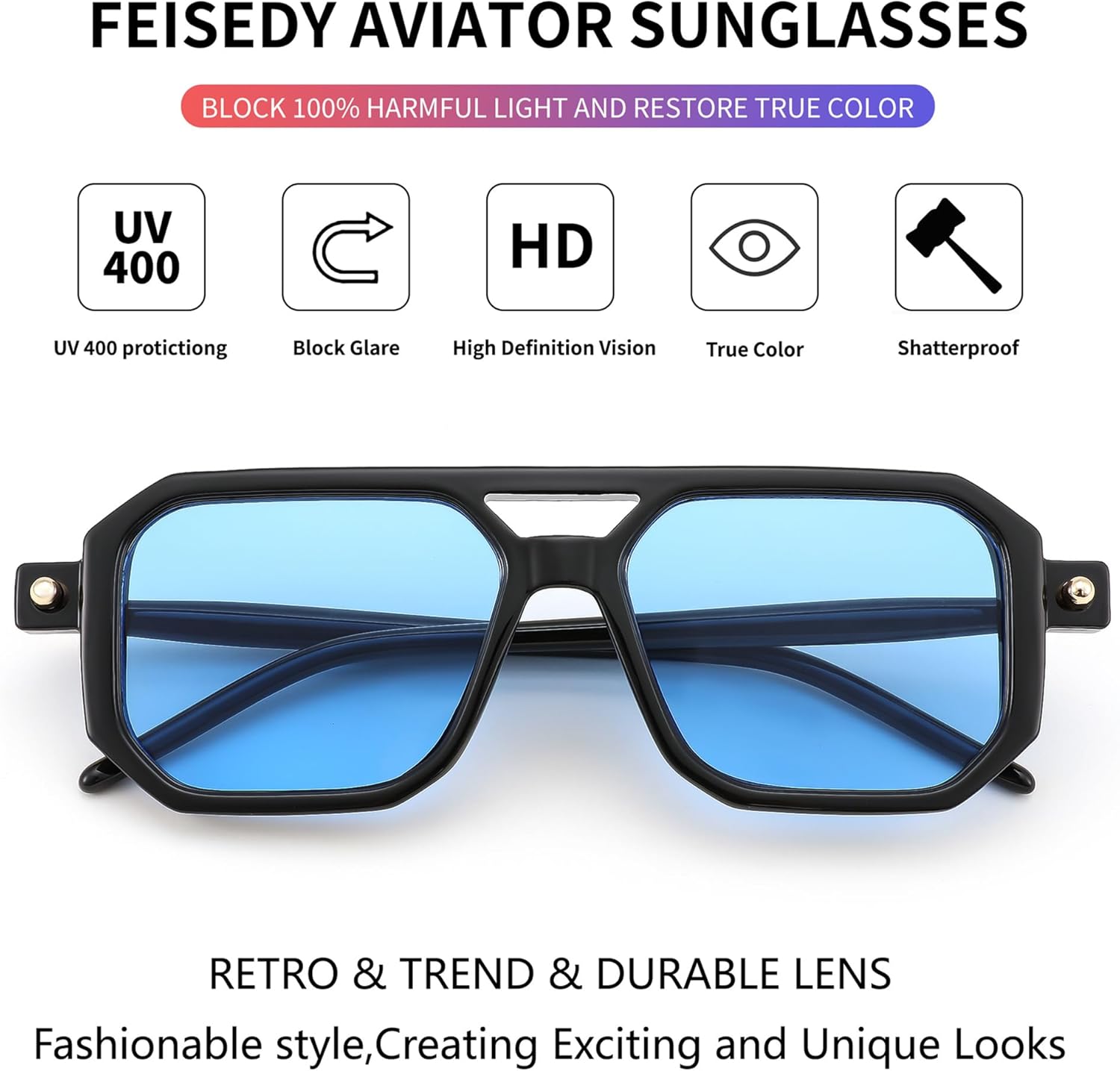 FEISEDY Vintage Square 70s Flat Aviator Sunglasses Women Men Classic Retro Stylish Frame UV400 Sunglasses B2622 - Image 5