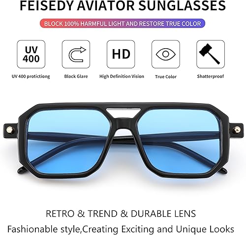 Miniatura 28 de Feisedy - B2622 - Lentes de sol estilo aviador, cuadrados, clásicos de los años 70, unisex, con montura clásica retro y elegante, UV400 Marco