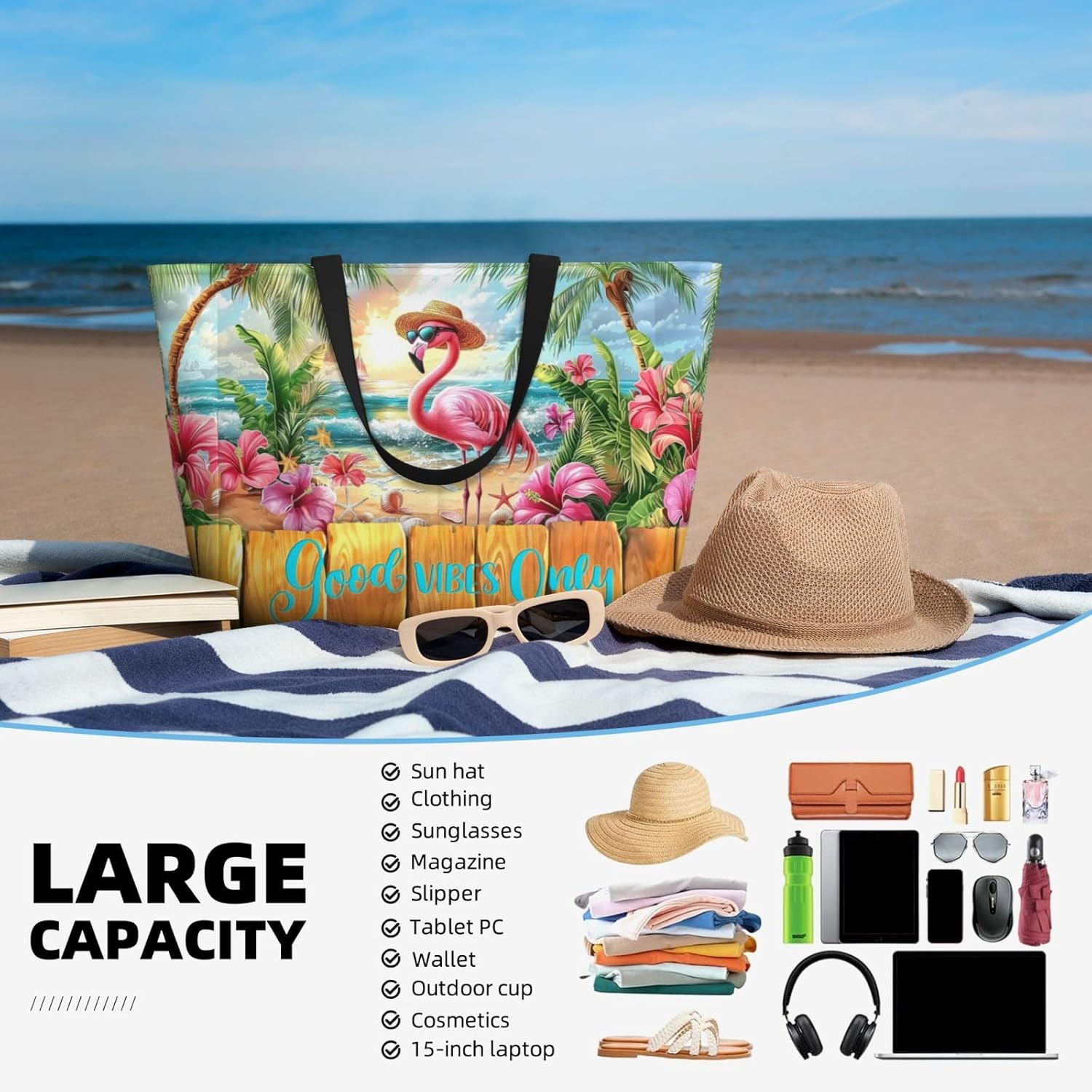 Beach Bag for Women, Large Waterproof Sandproof Tote with Zipper, Foldable Lightweight Swim Bag for Beach Pool Gym - Image 6